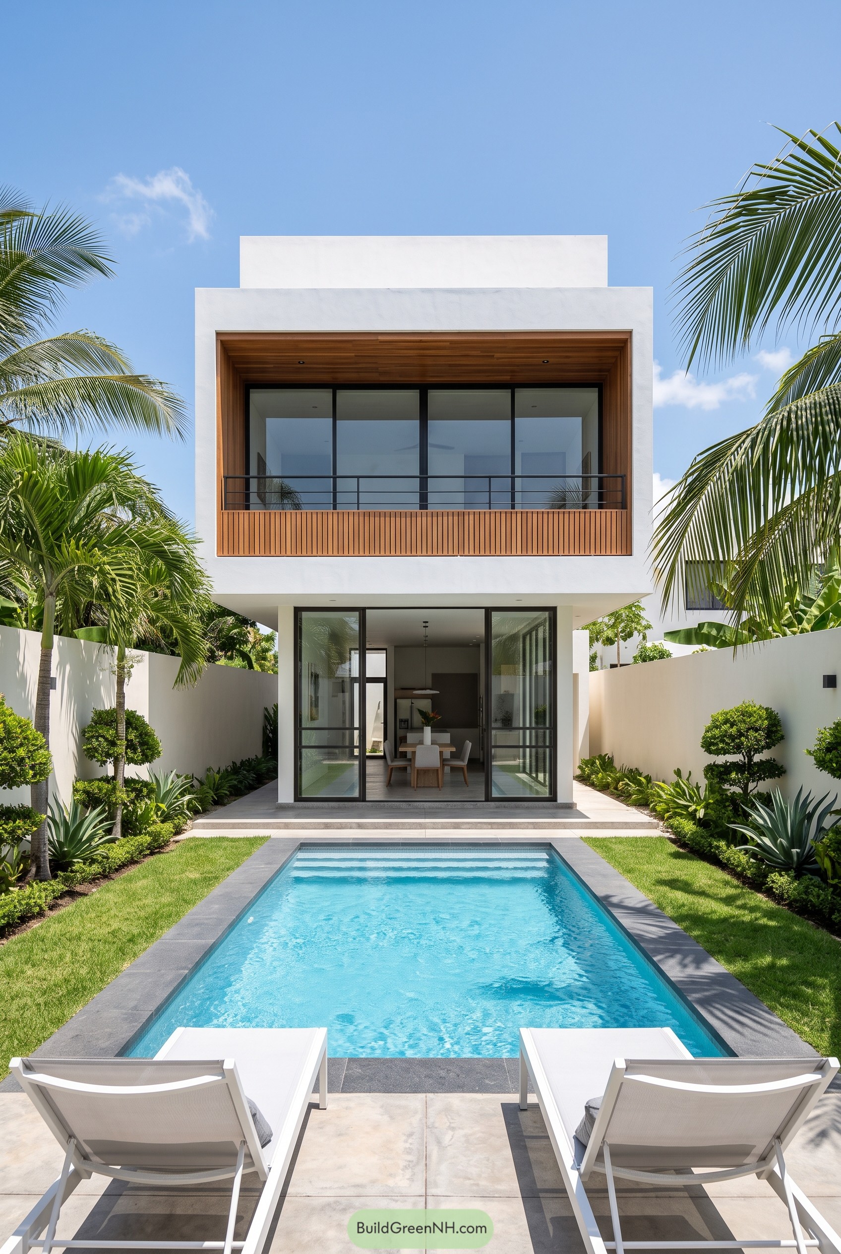 Modern white house with pool and palms