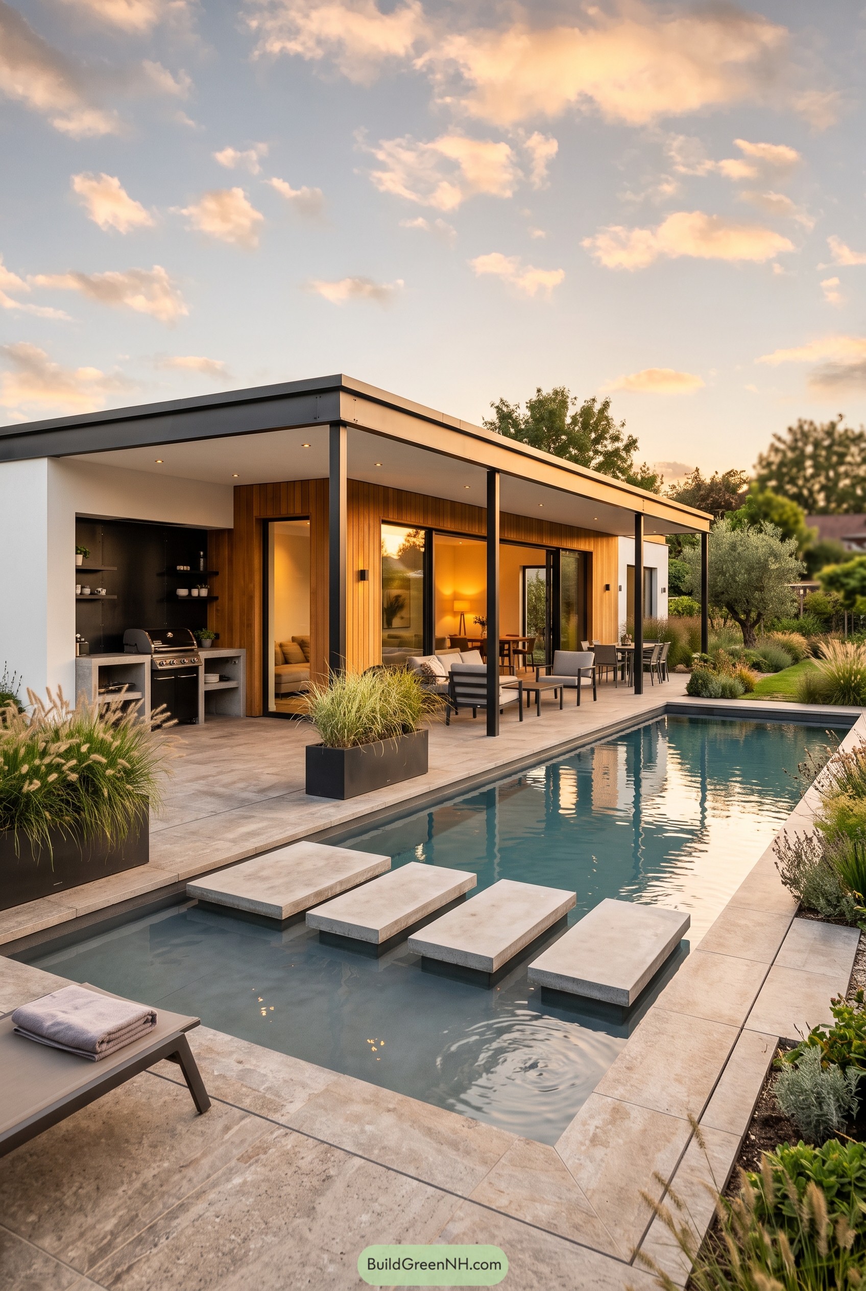 Modern pool house with wood siding and outdoor kitchen