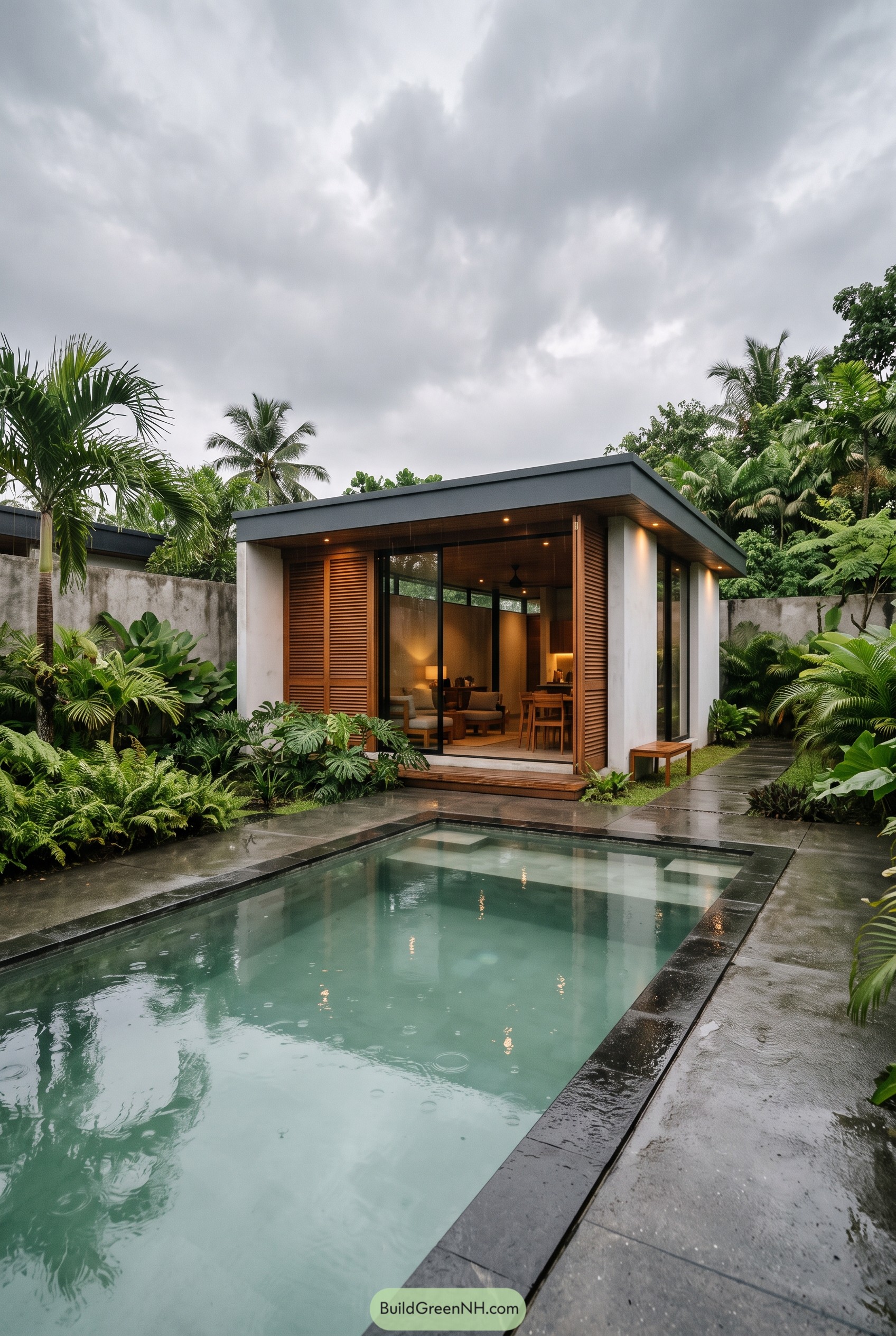 Modern tropical studio beside a rain-dappled pool