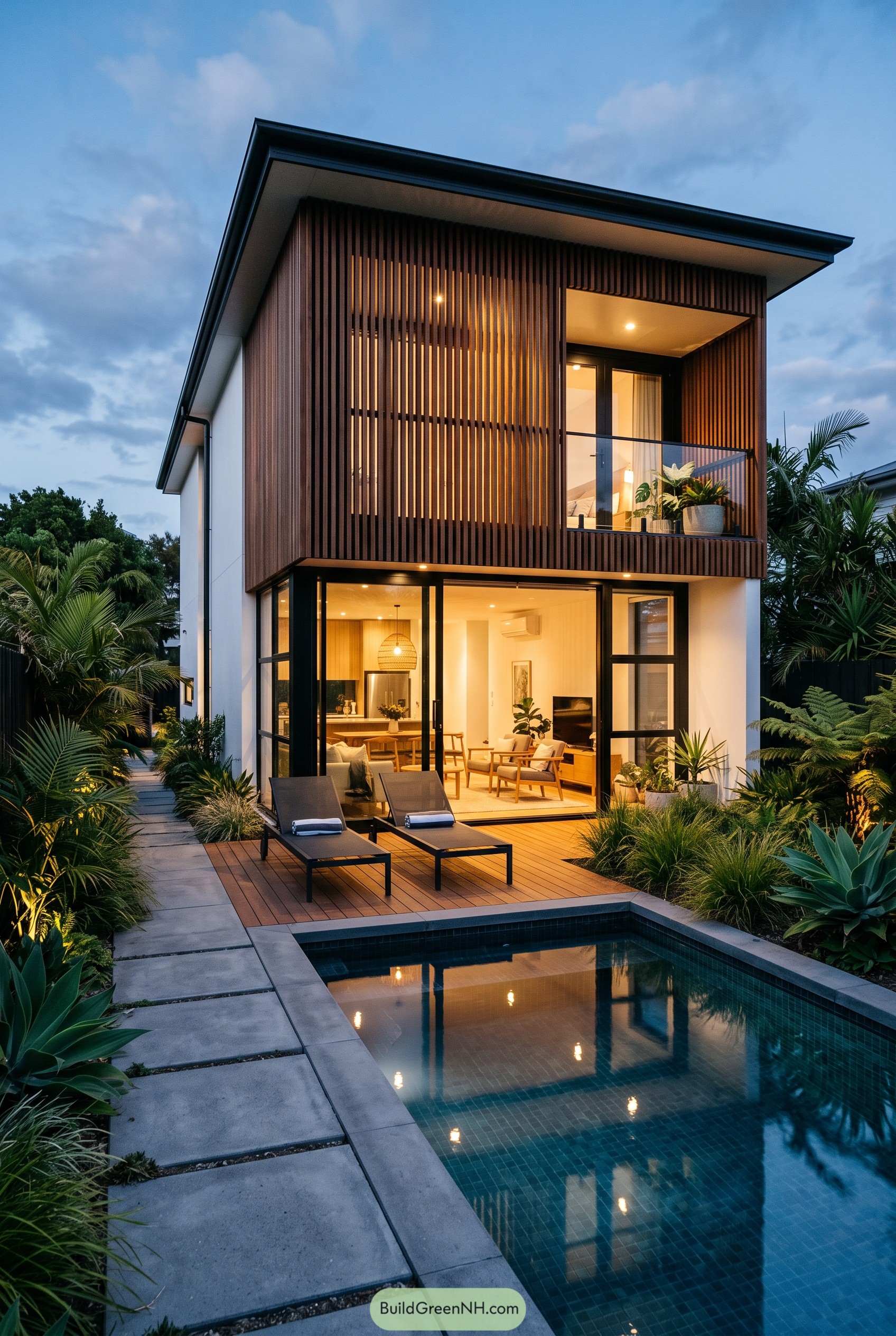 Modern timber screened house with pool