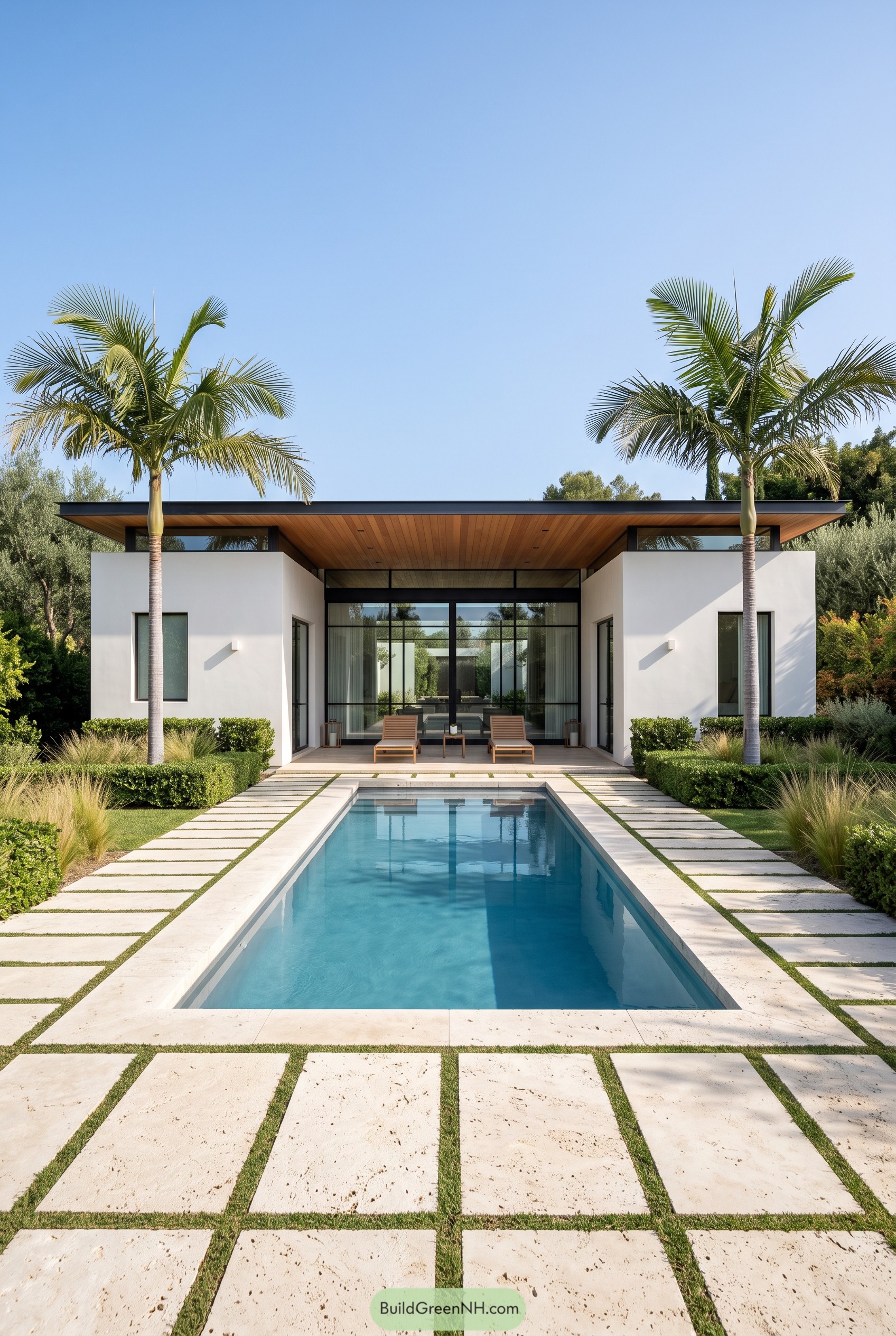 Modern white pool house with palms and glass facade