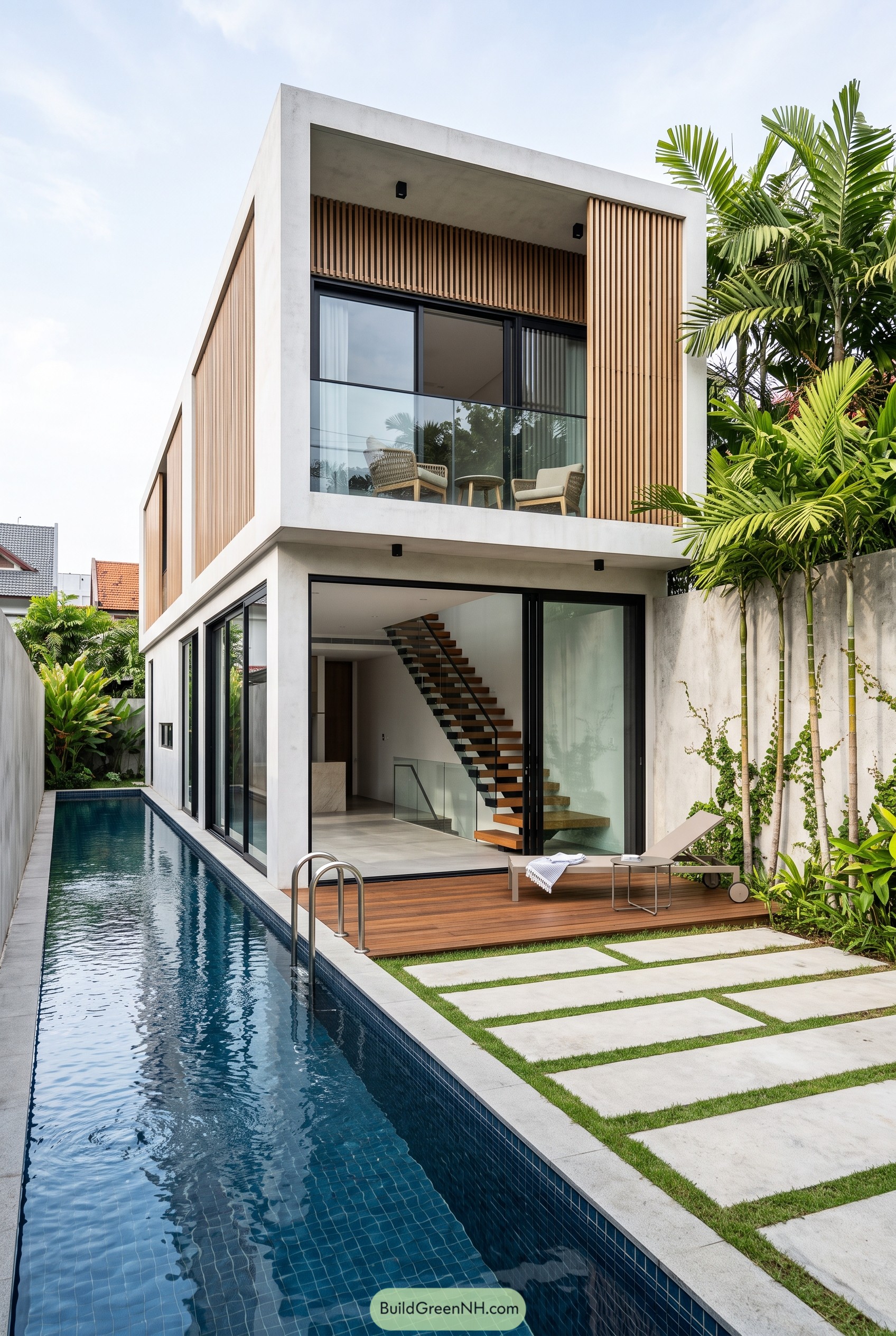 Modern two-story house with pool and timber slats
