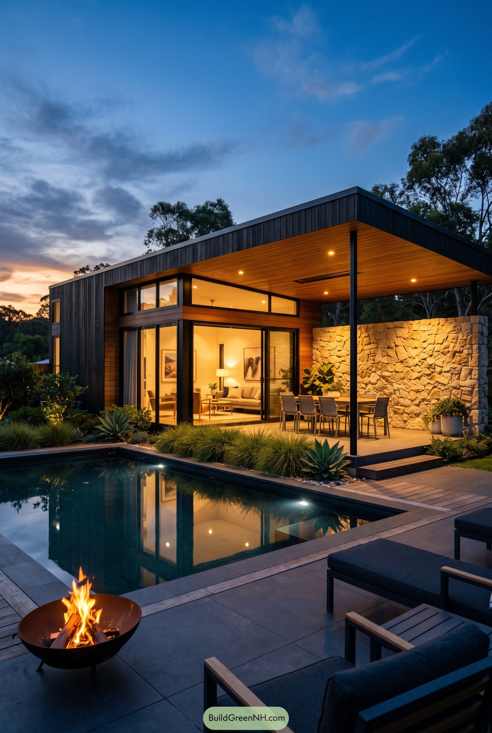 Modern timber home with pool and covered patio