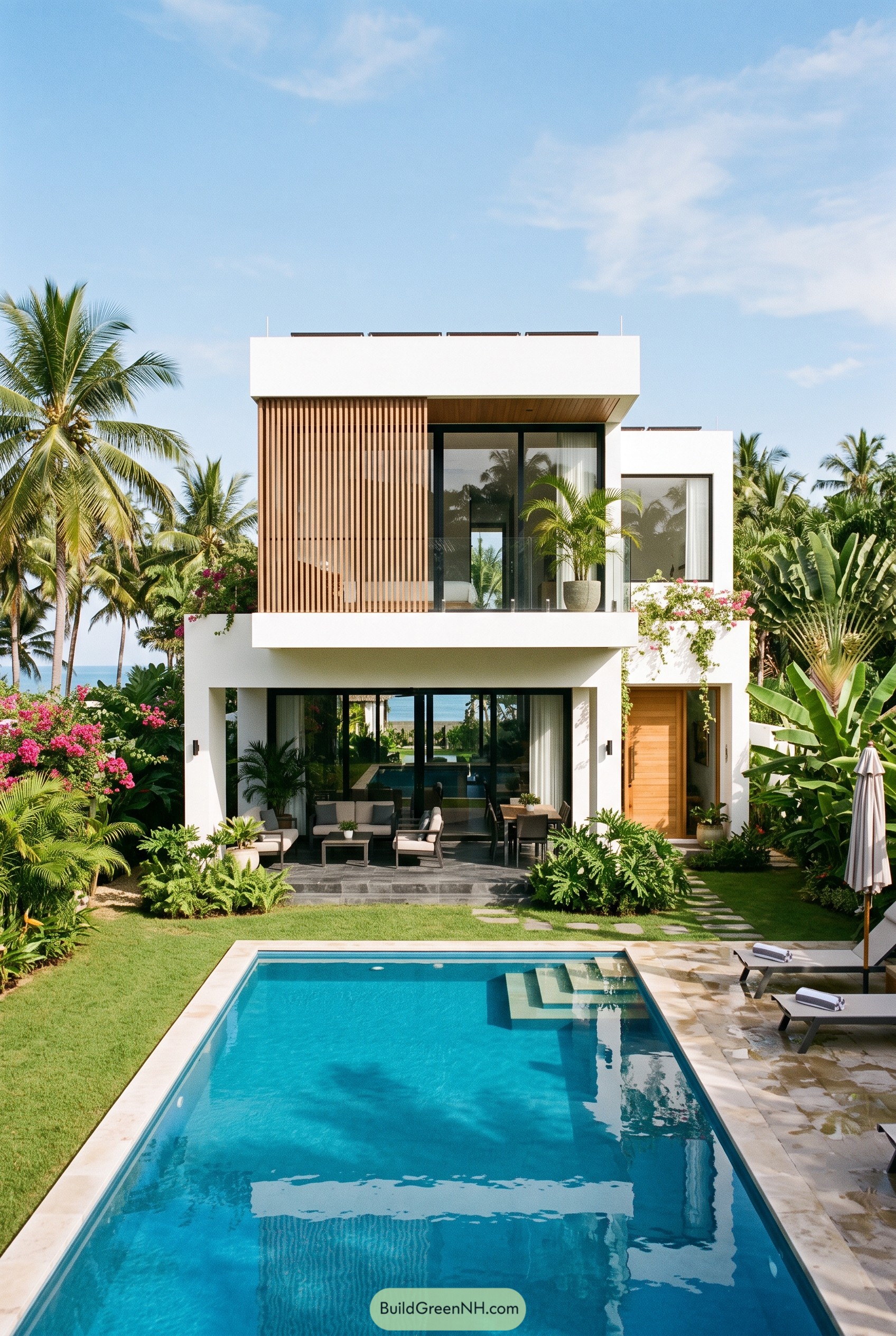 Modern tropical house with pool and wood screens