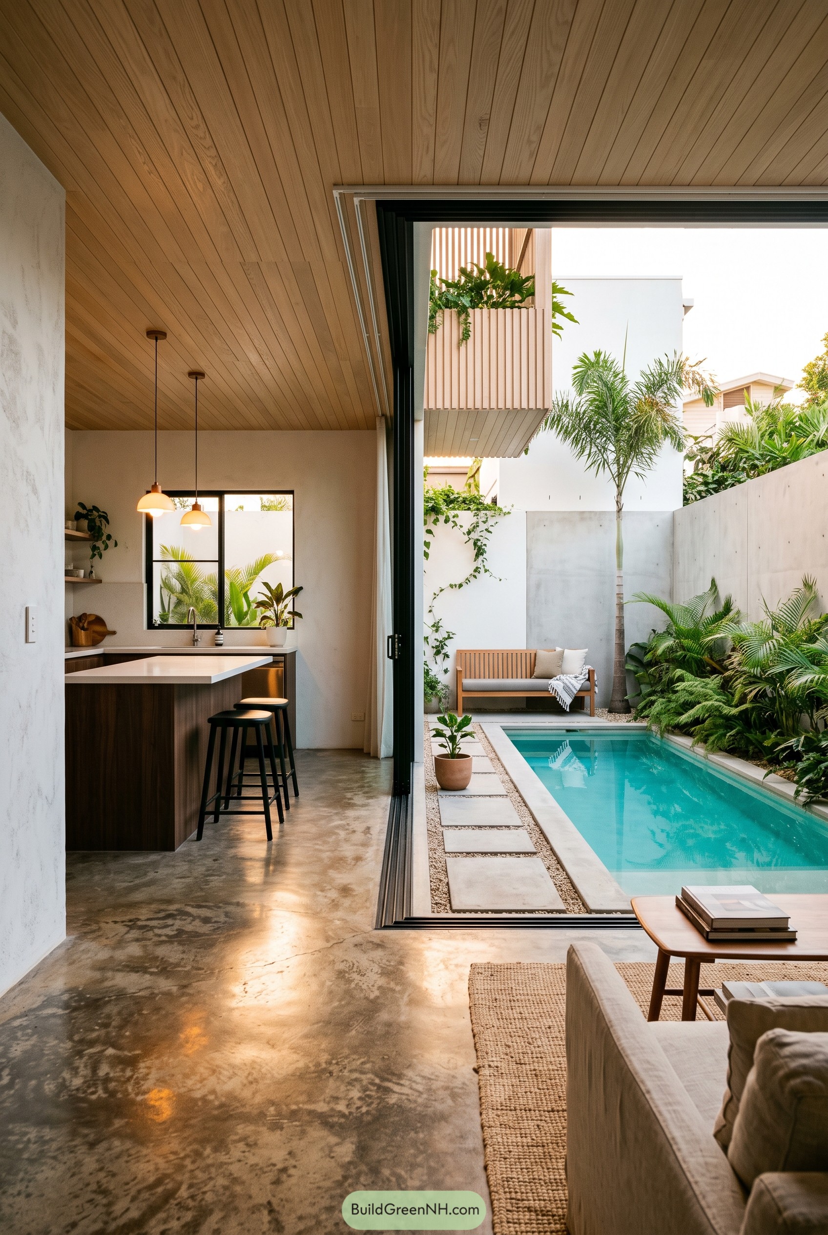 Modern kitchen opening to tropical courtyard pool