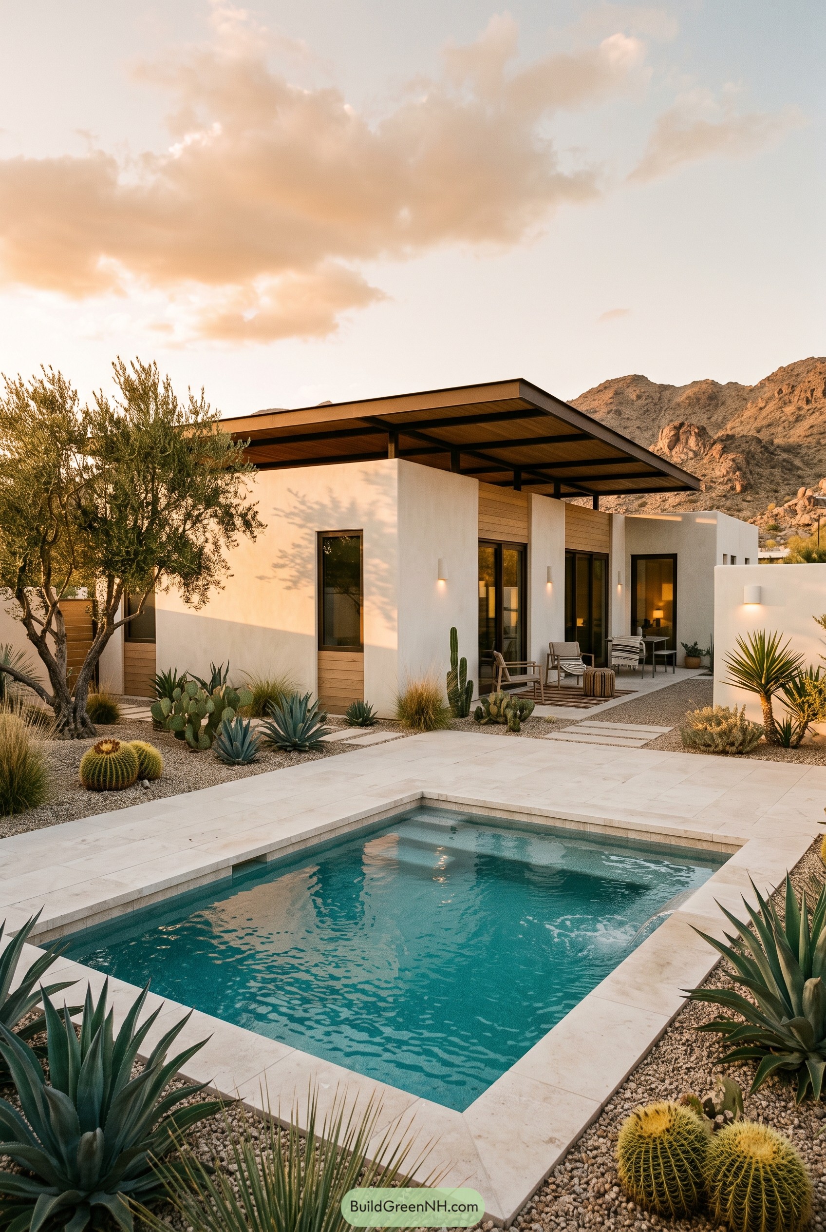 Modern desert house with a pool and cactus garden