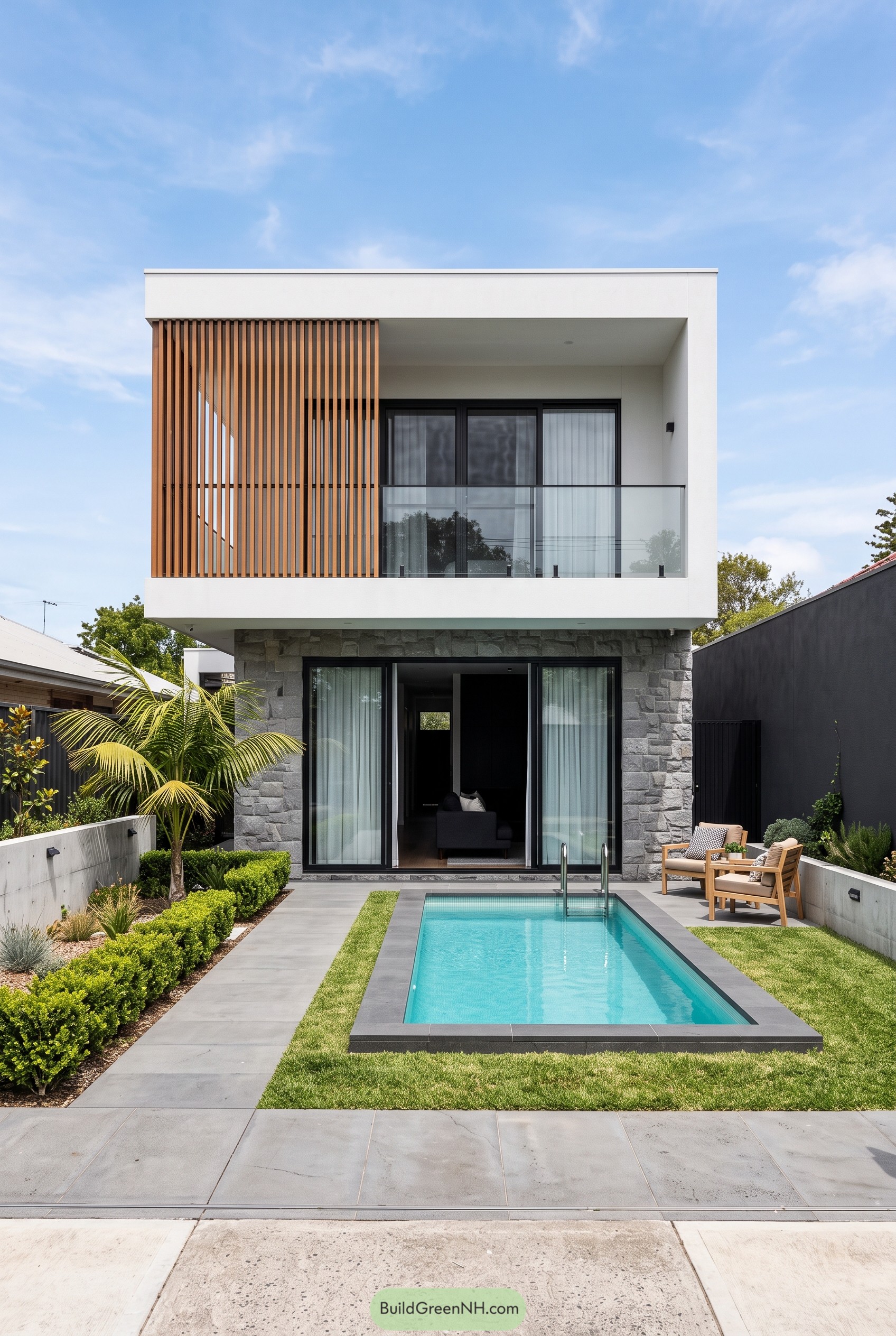 Modern home with timber slats and lap pool