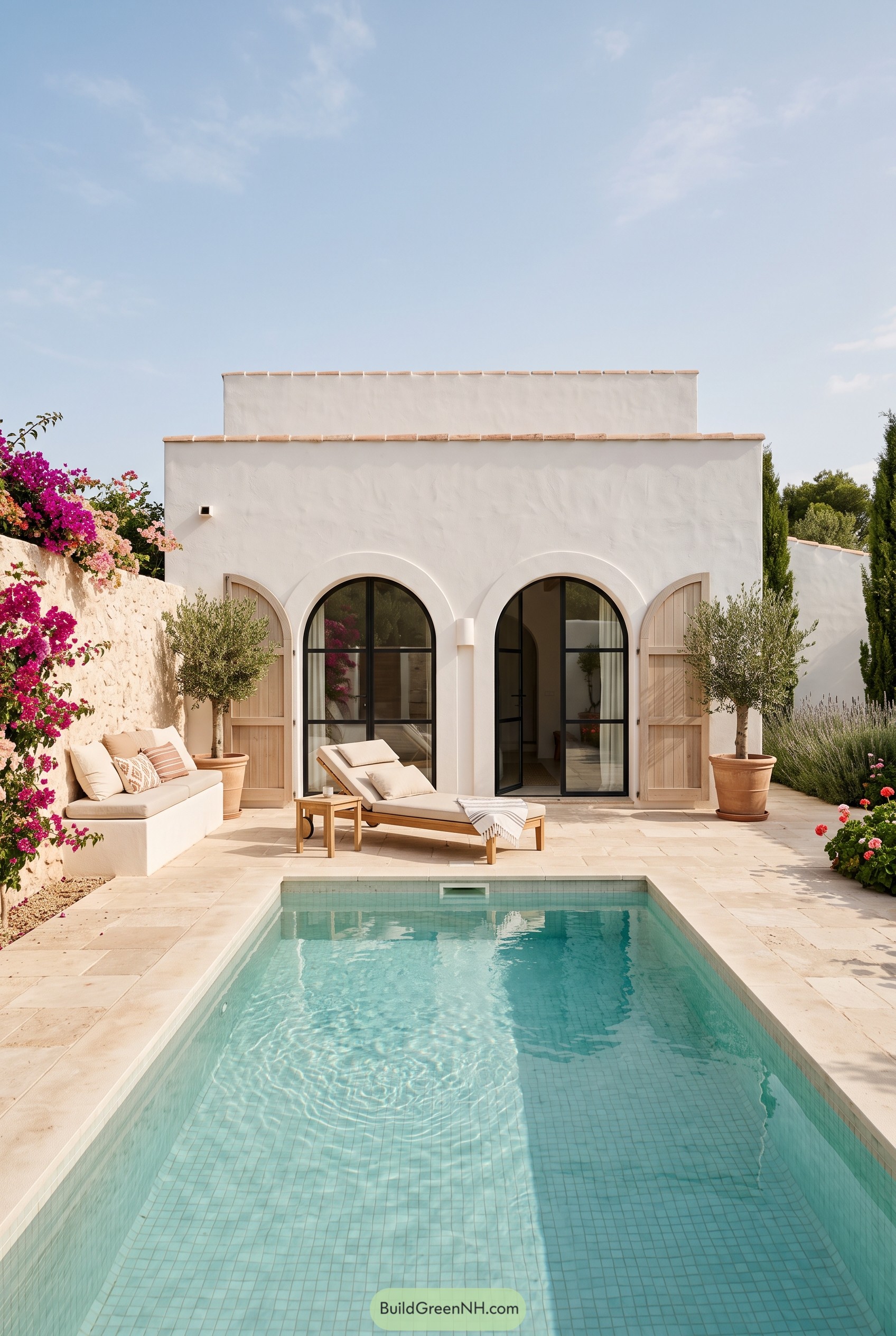 White stucco casita with arched doors and pool