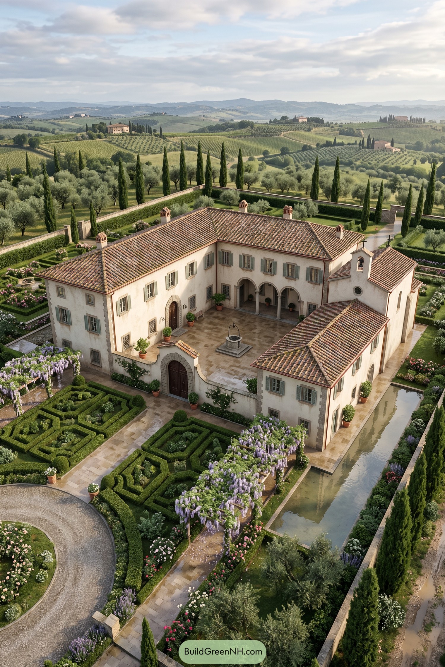 Tuscan villa with a cloistered courtyard and formal gardens