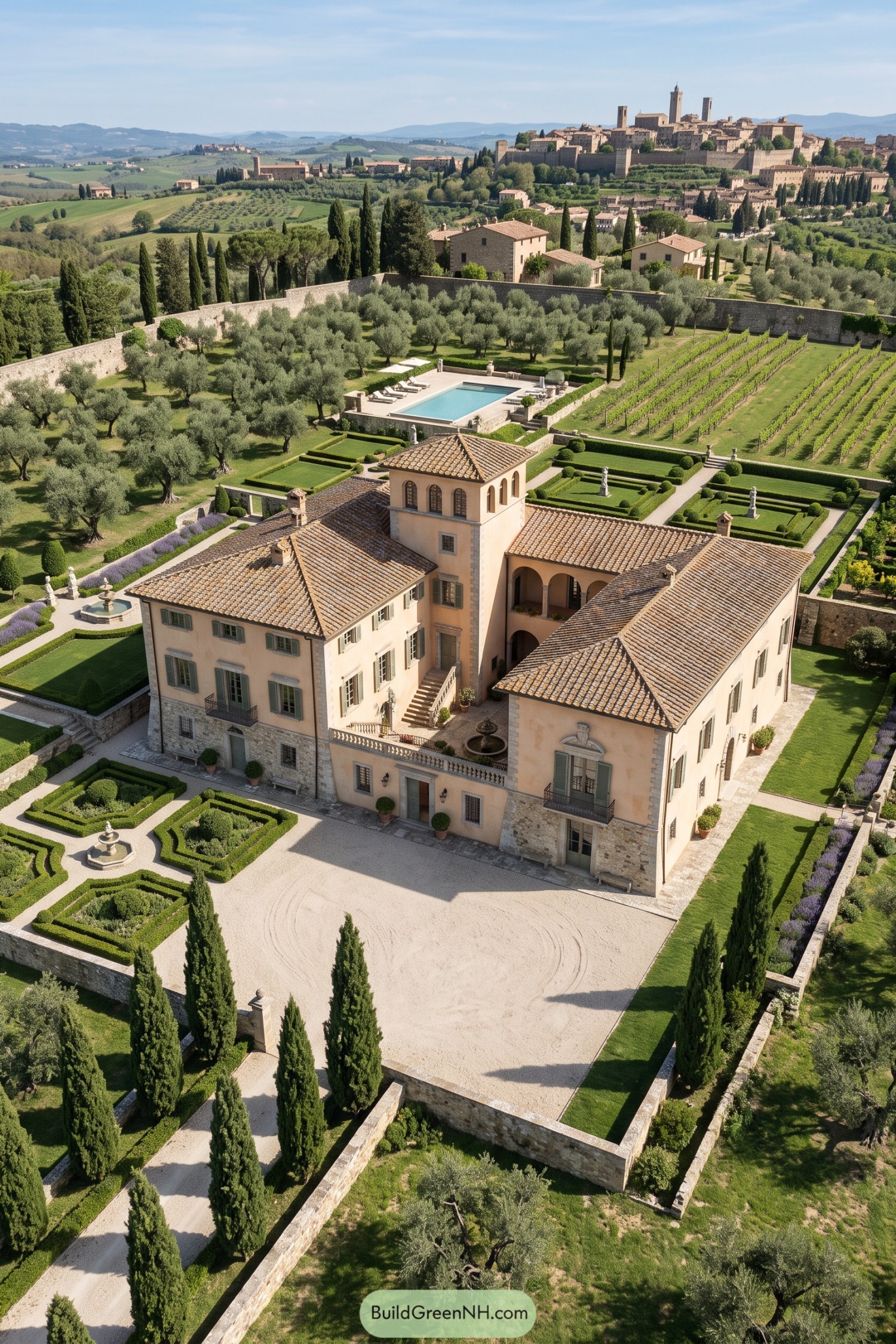 Tuscan estate with formal gardens vineyard and pool