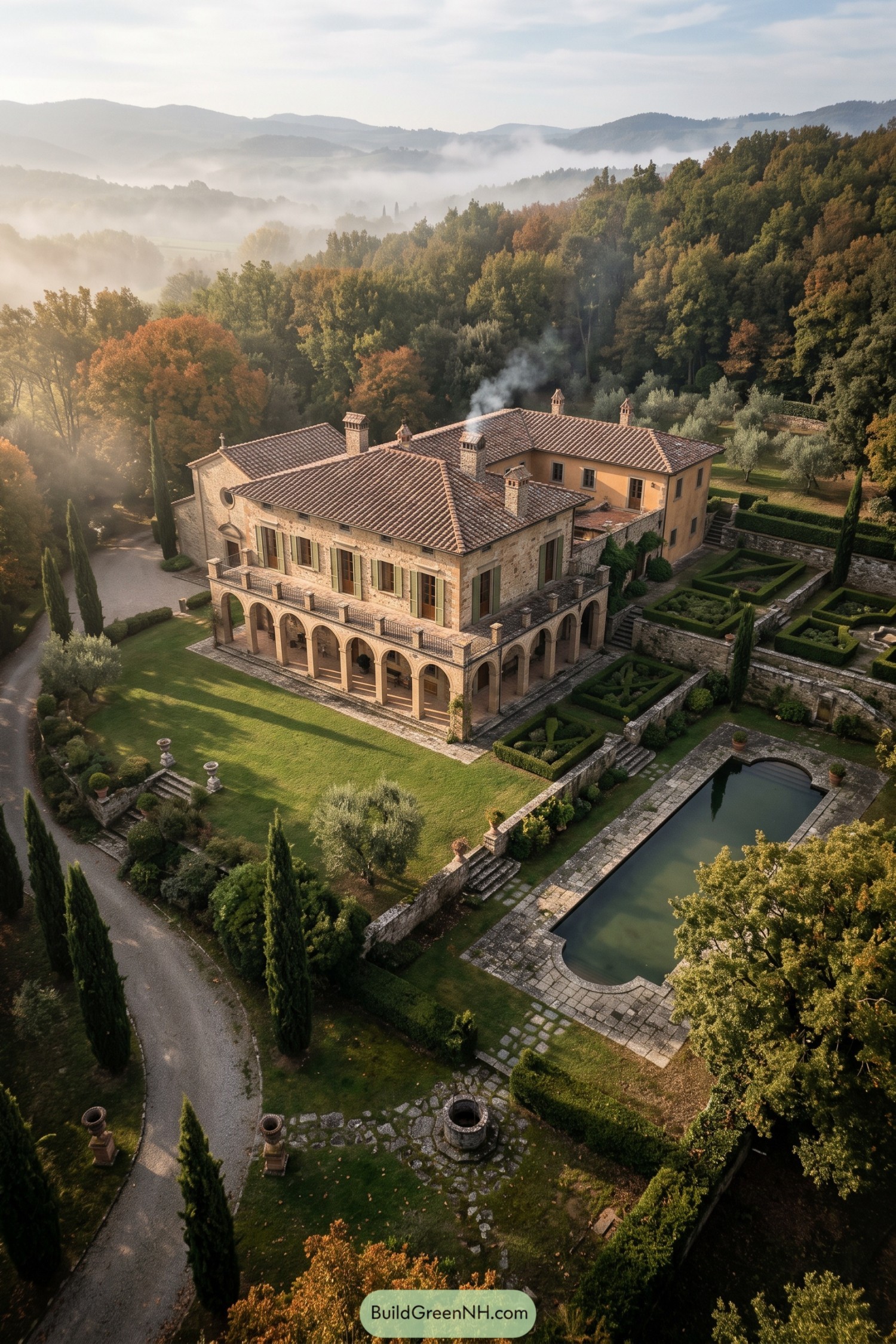 Stone Tuscan estate with arches formal gardens and reflecting pool