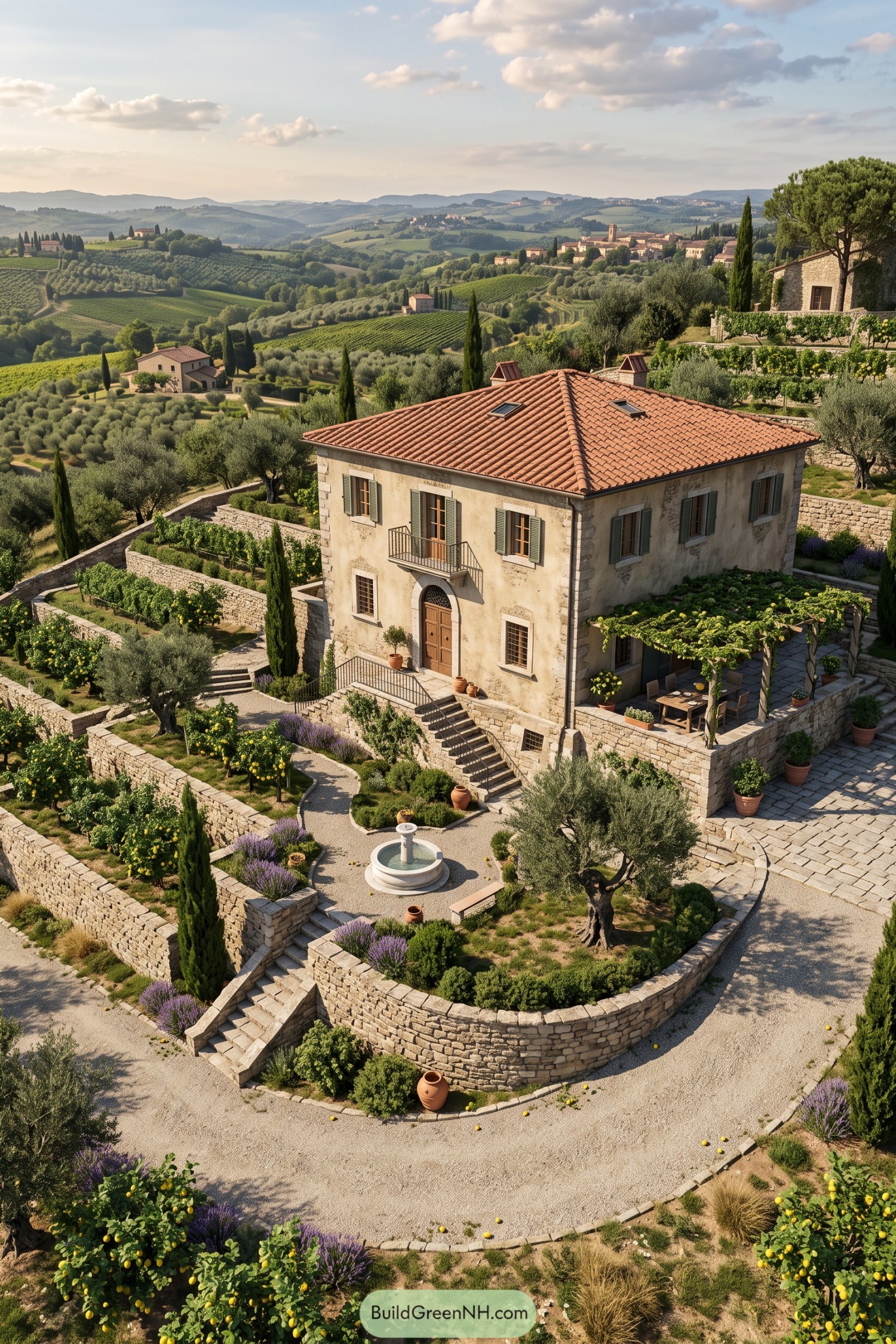 Tuscan stone house with terraced gardens and vineyard views