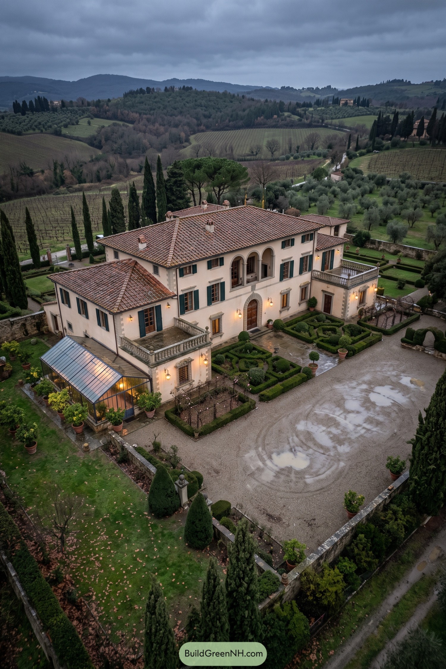 A cream stucco Tuscan palazzina with tiled roofs formal hedges and a glass conservatory overlooking vineyards