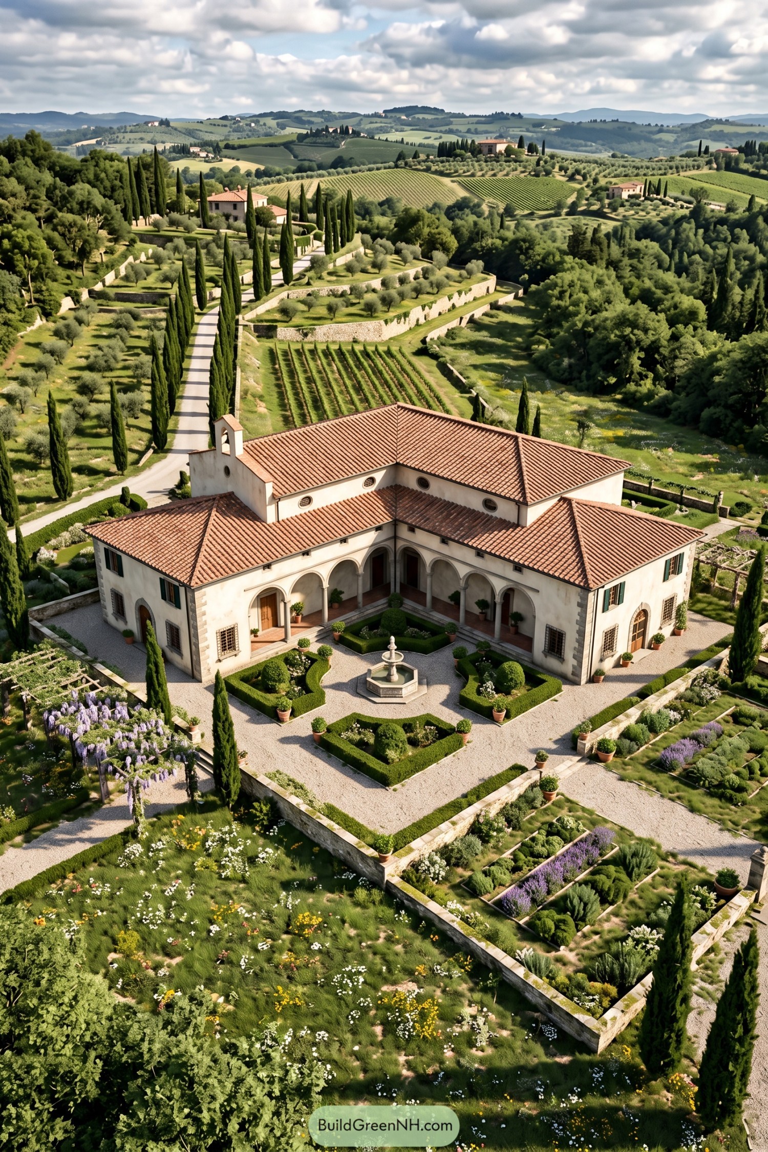 Tuscan villa with arched courtyard and terraced gardens