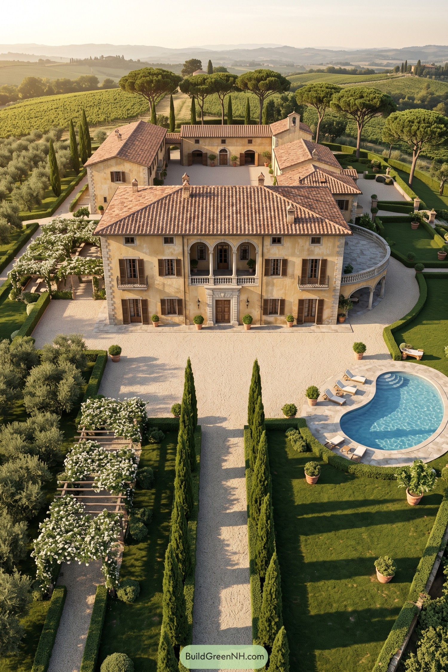 Tuscan villa with cypress drive pool and vineyards