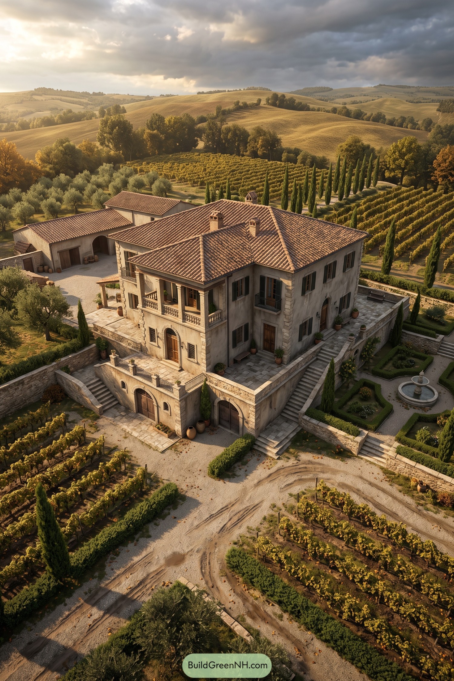 Tuscan villa with terraces amid vineyards and cypress trees