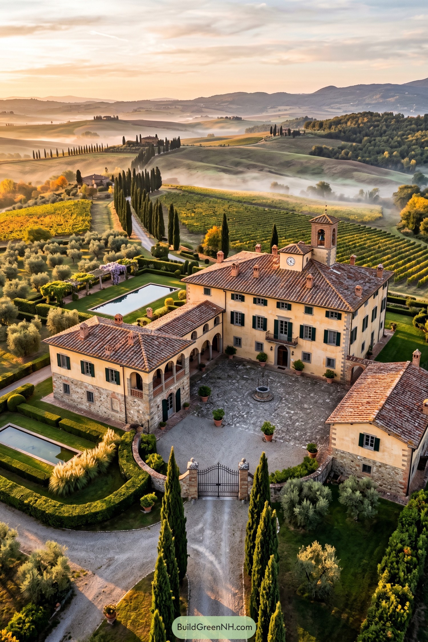 Tuscan villa with clock tower overlooking vineyards