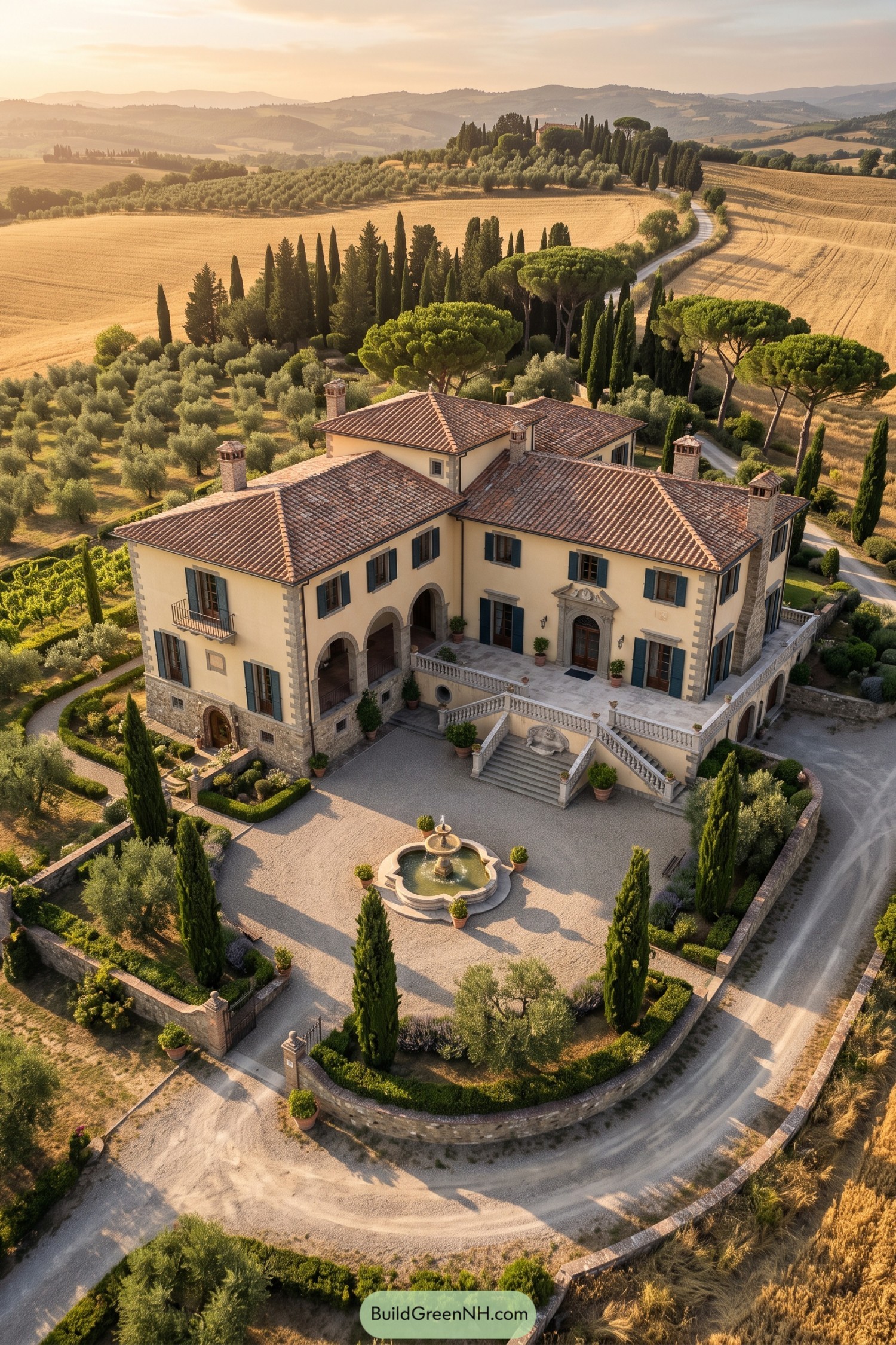 A grand Tuscan villa with cypress-lined grounds and a fountain court