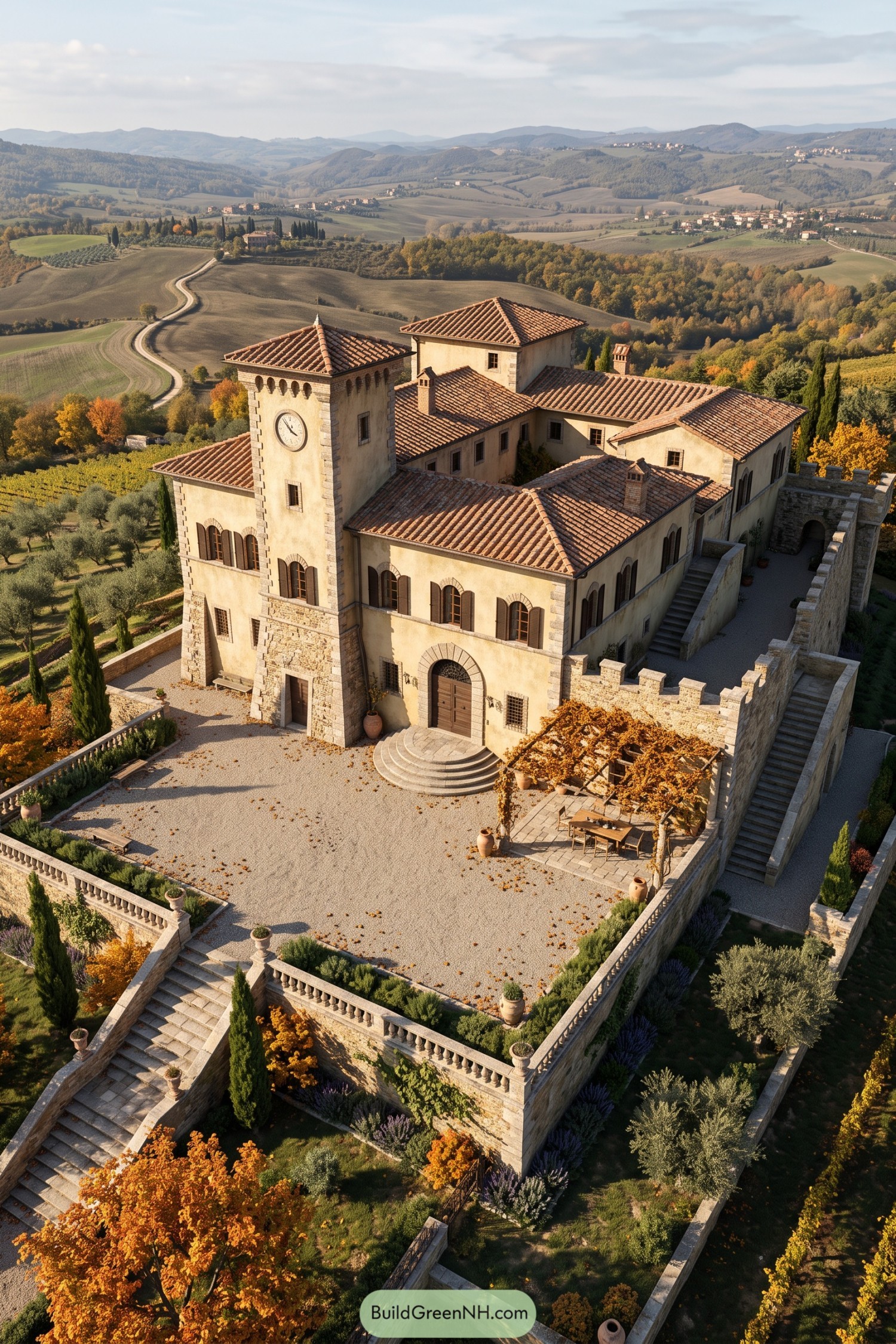 Tuscan villa with clock tower and terraced gardens