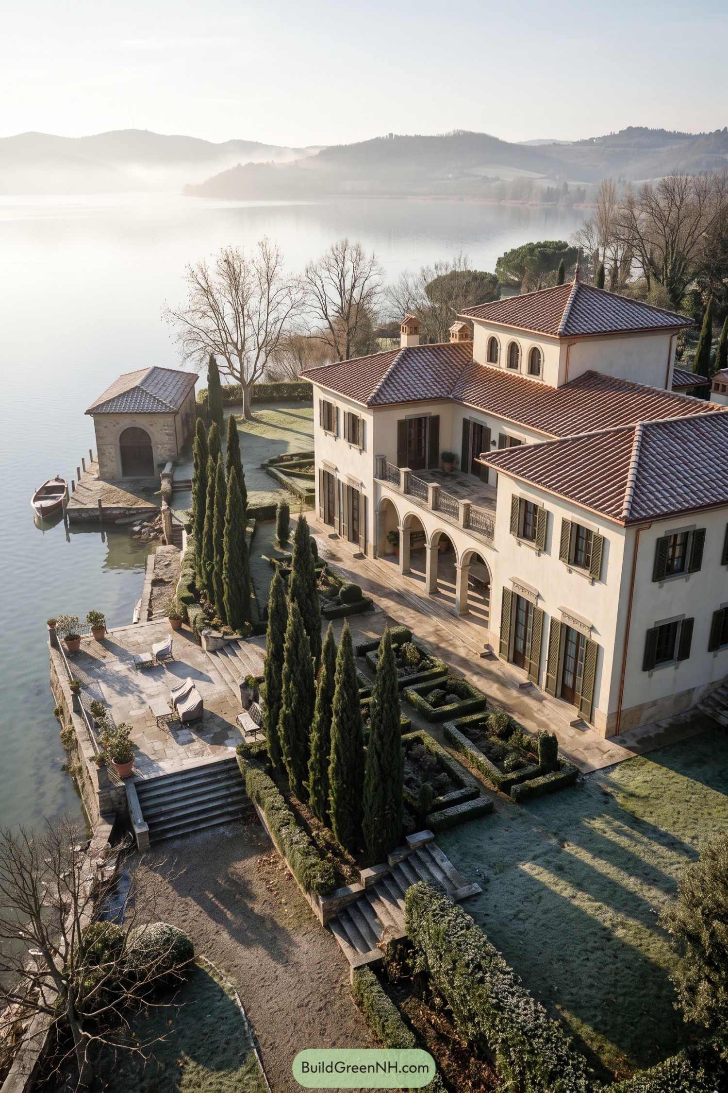 Tuscan villa with cypress gardens beside a misty lake