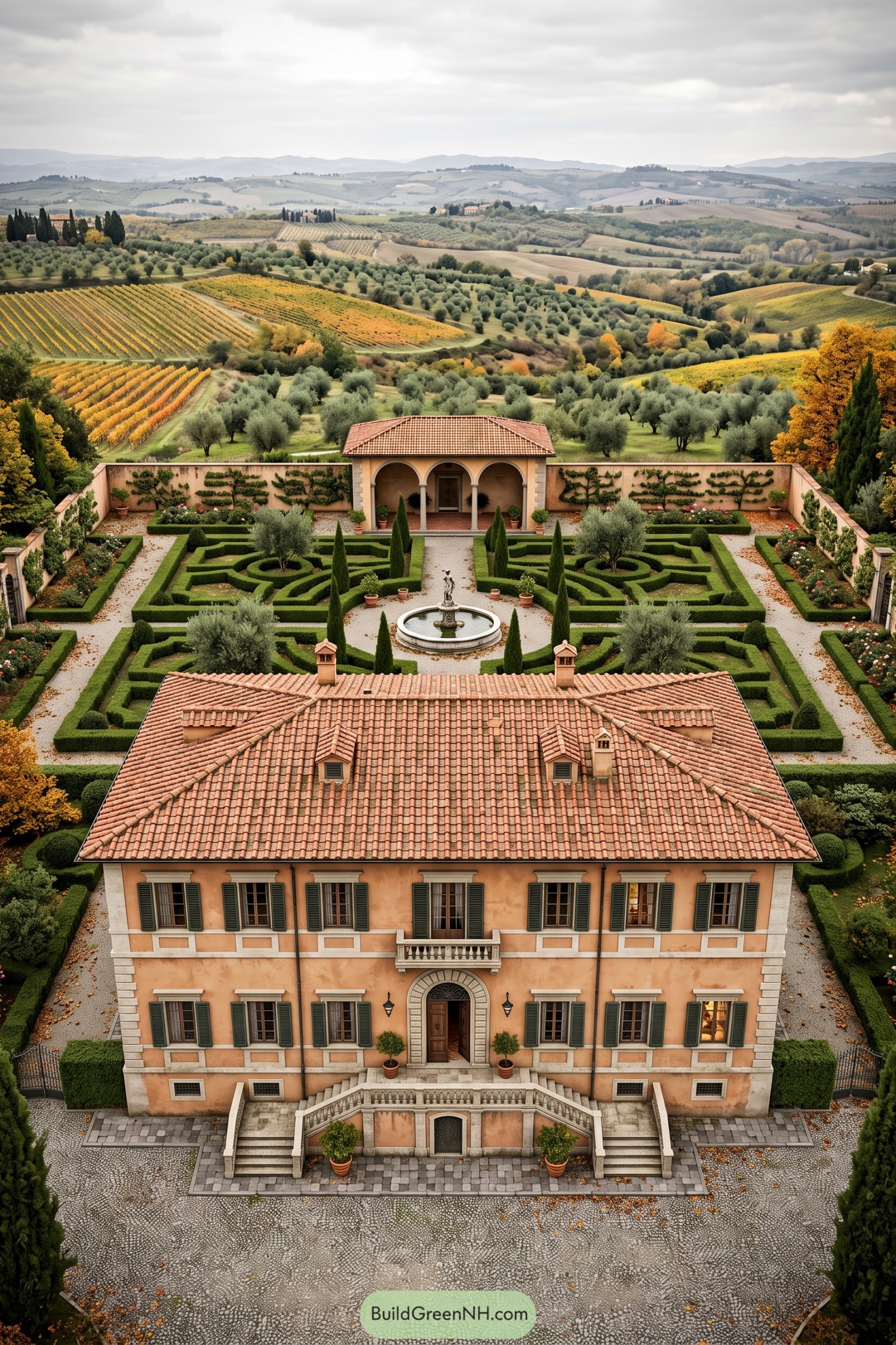 Tuscan villa with formal garden and vineyard views