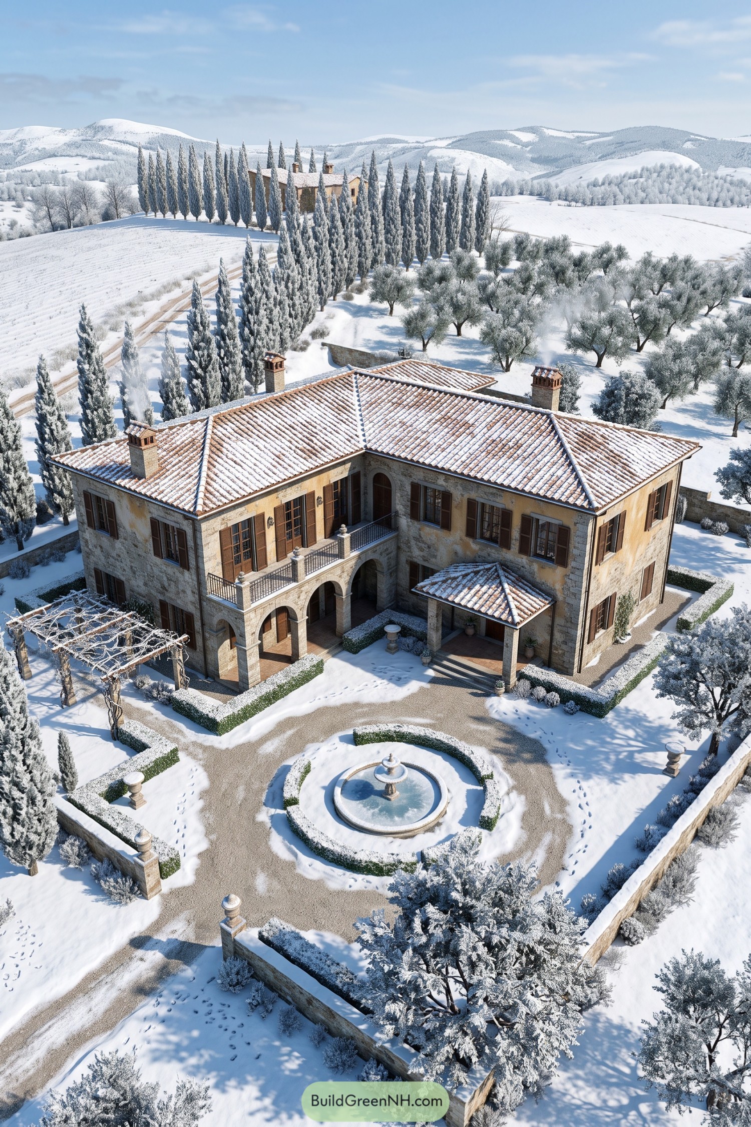 Snow-covered Tuscan villa with cypress allee and courtyard fountain