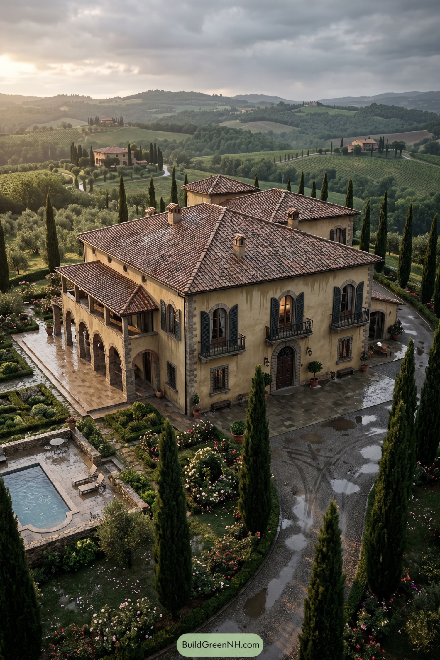Tuscan villa with arched loggia cypress gardens and pool
