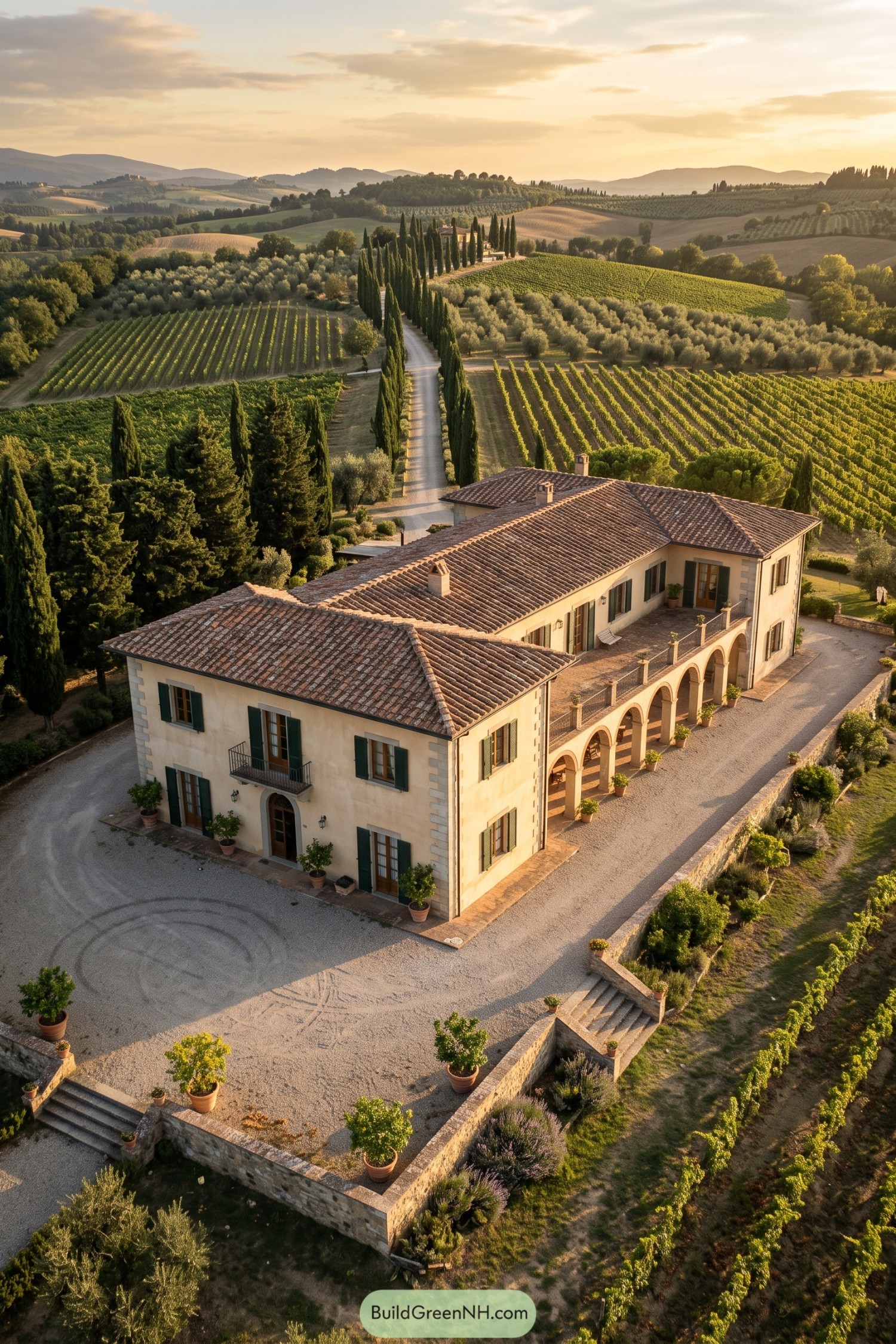 Cream stucco Tuscan villa with arched loggia overlooking vineyards
