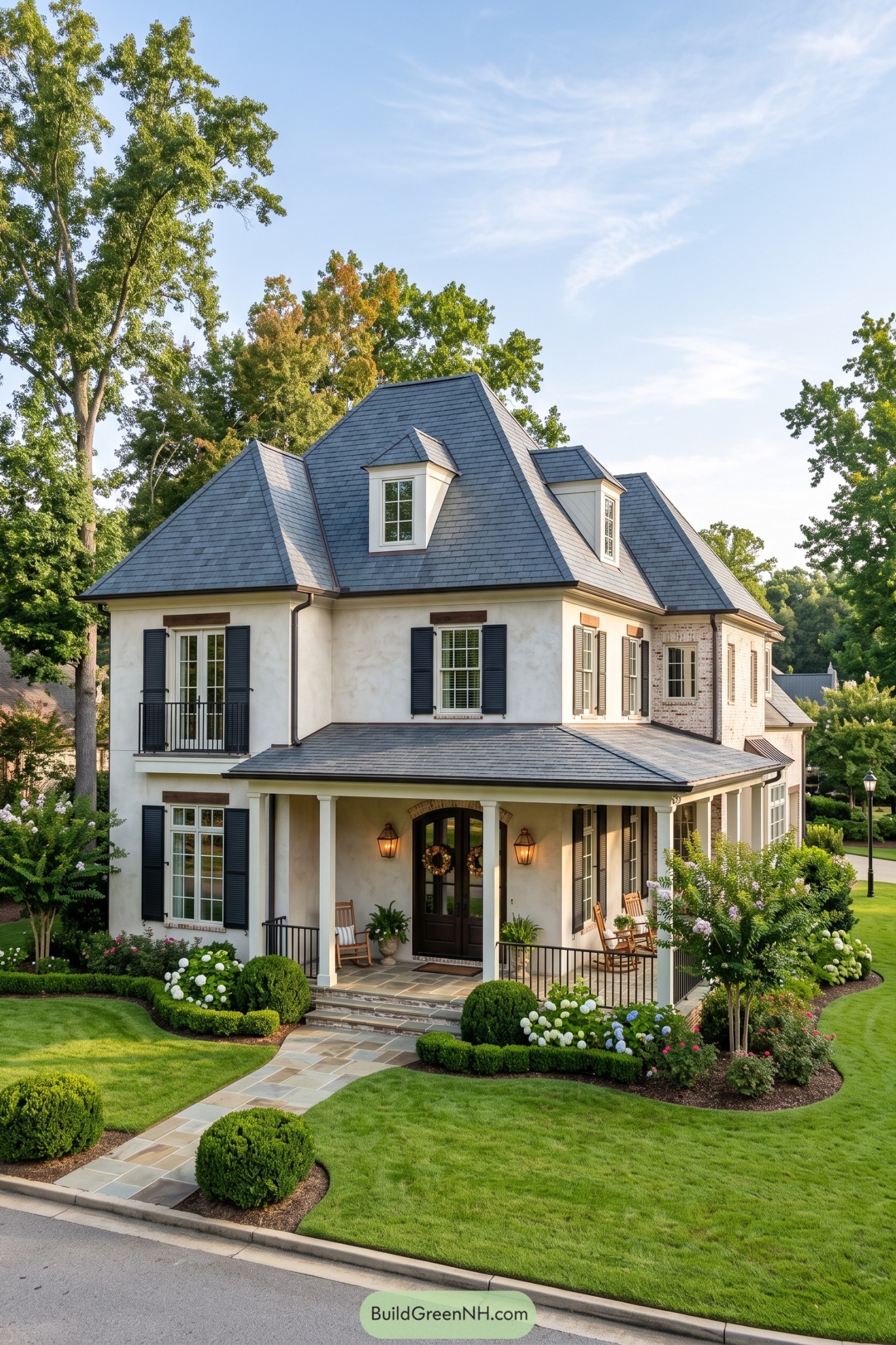 Two-story Acadian home with slate roof and columned porch