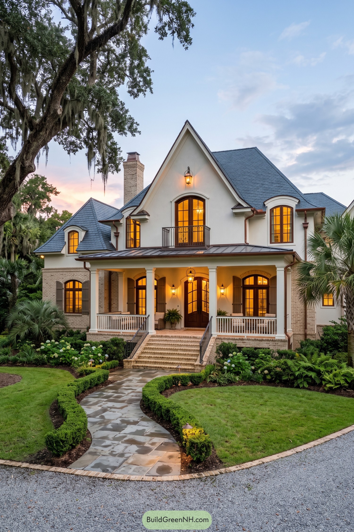 Acadian home with slate roof and glowing porch