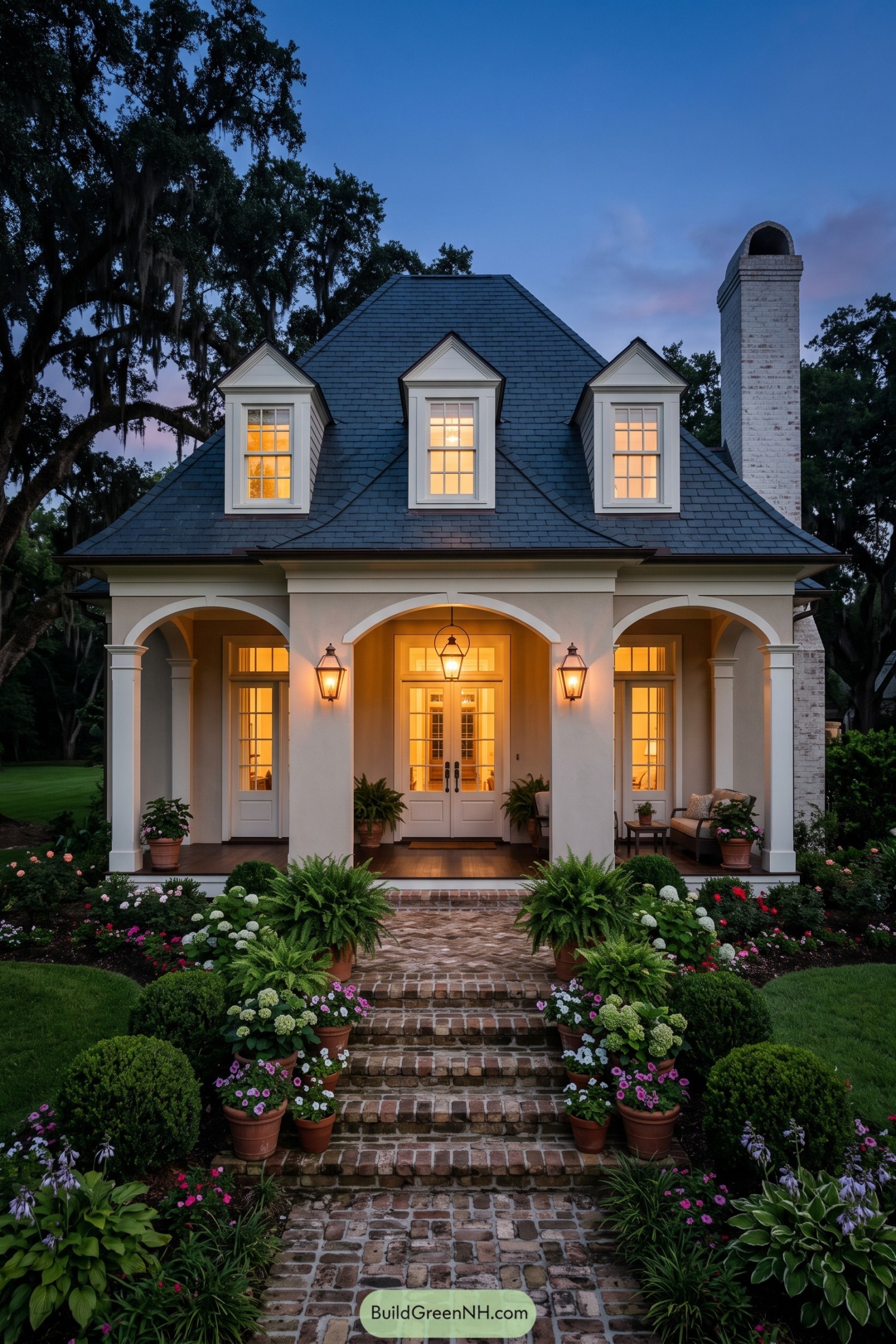 Acadian home with arched porch and brick walk