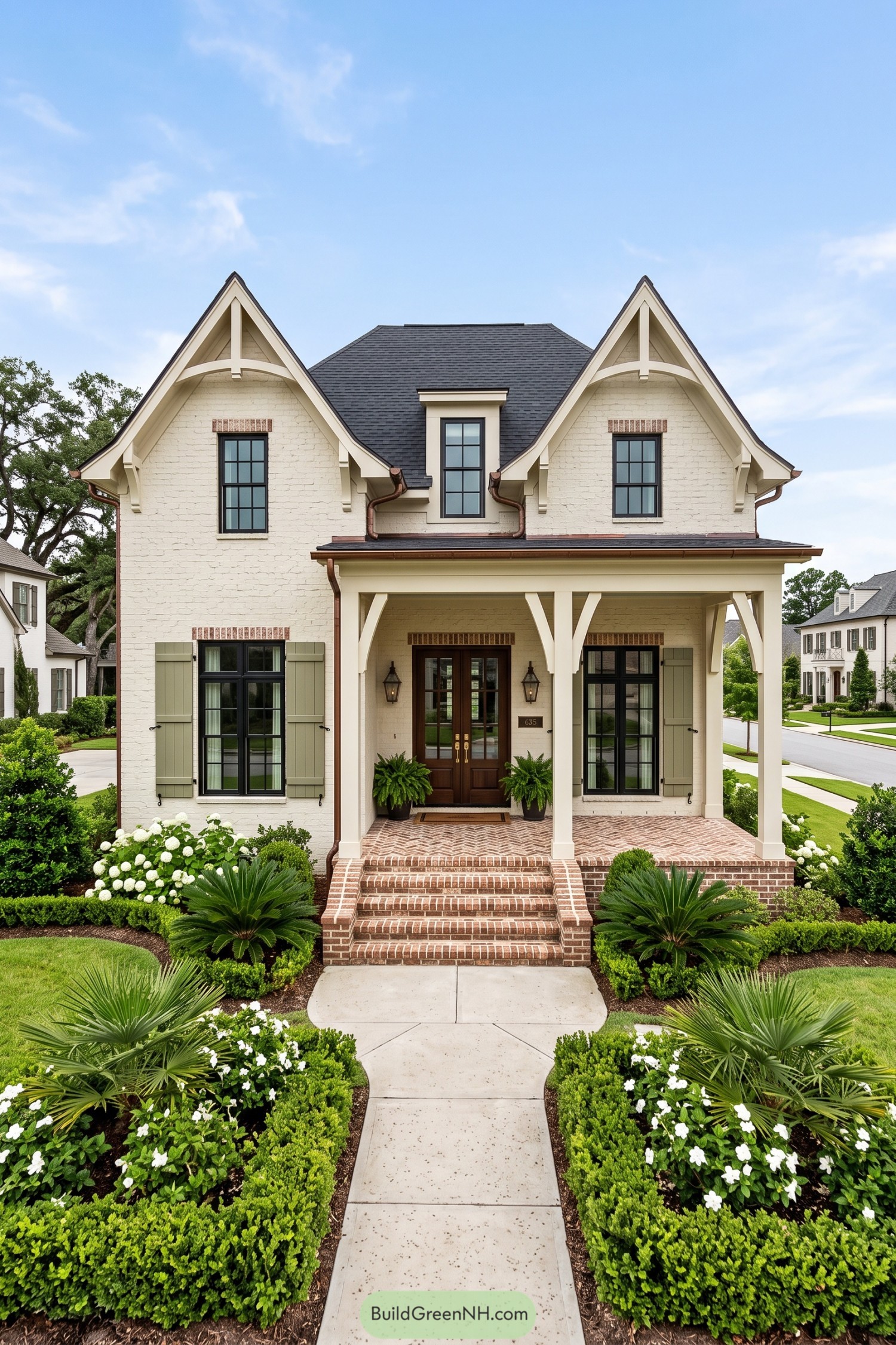 White brick Acadian home with twin gables and a columned porch