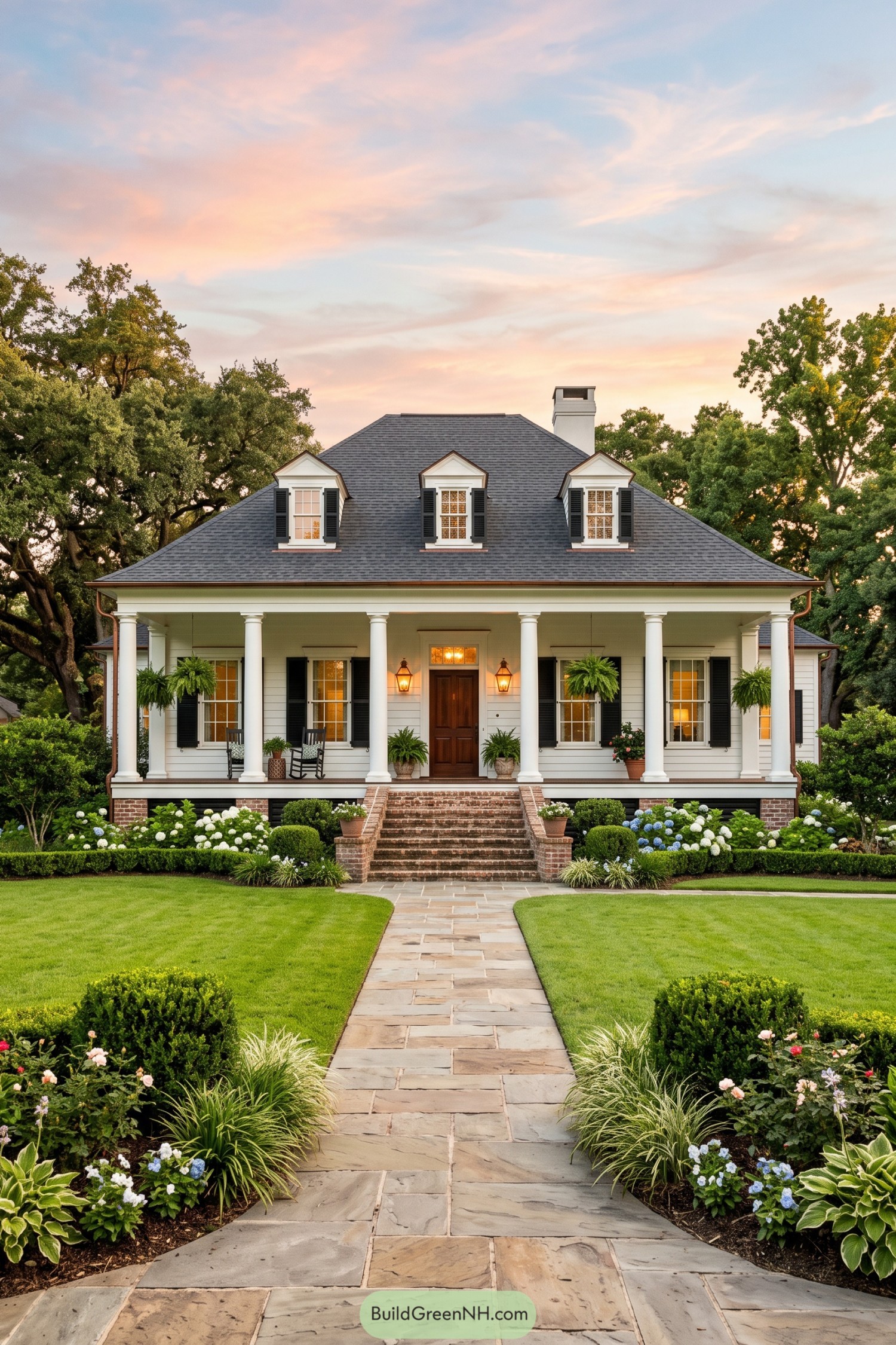 White Acadian home with columned porch and brick steps