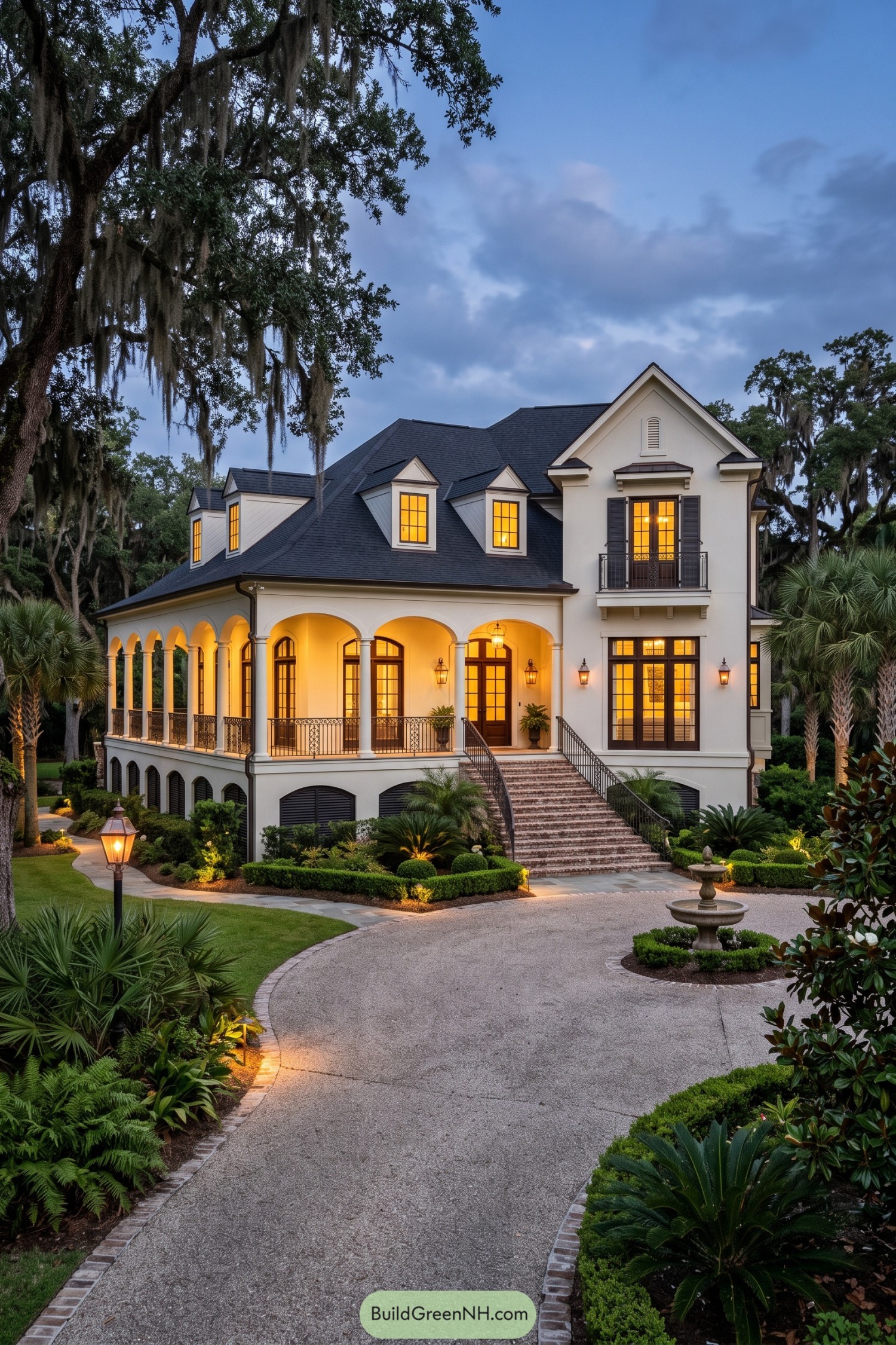 Acadian home with arched porch and grand stair