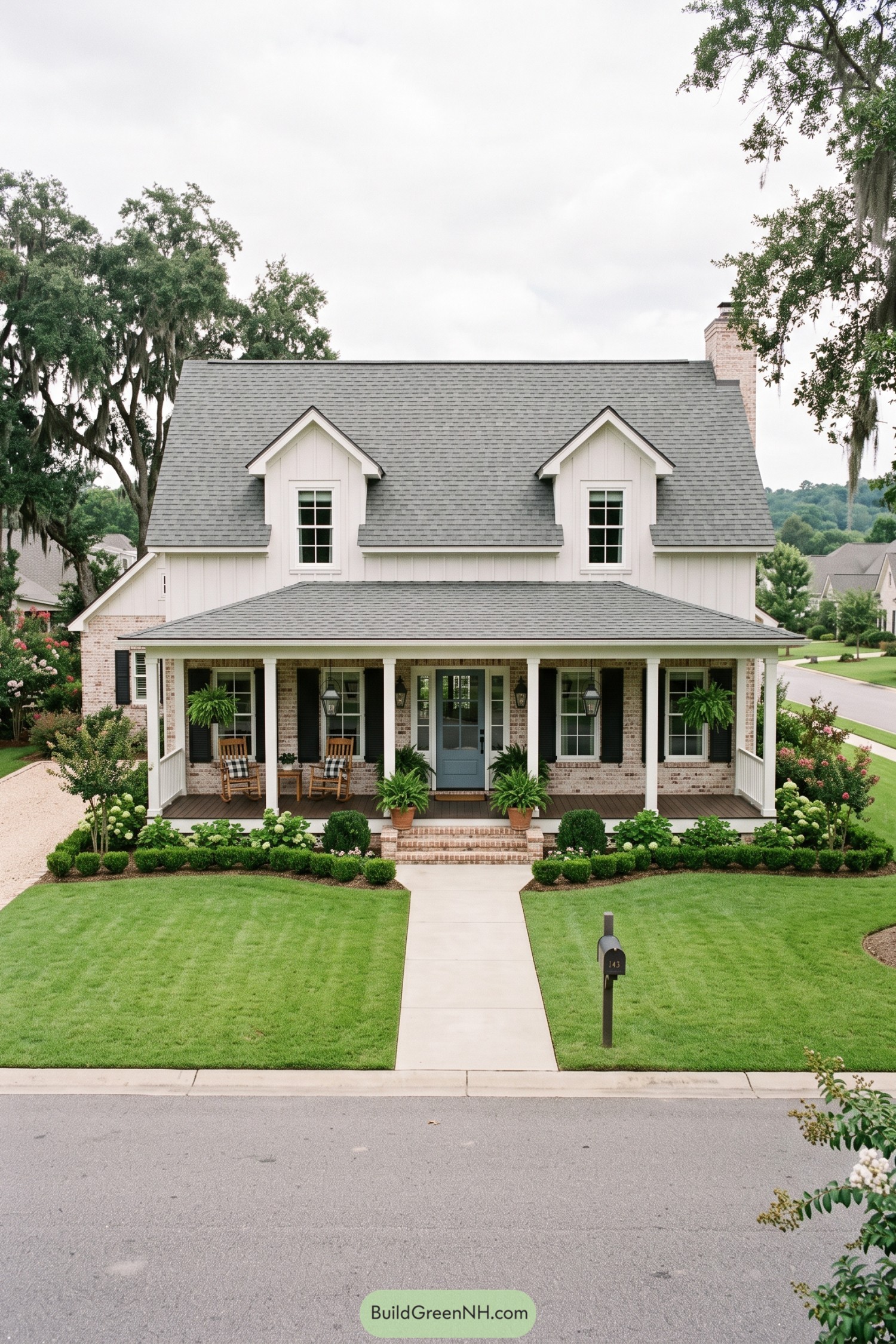 White Acadian farmhouse with brick porch and twin dormers