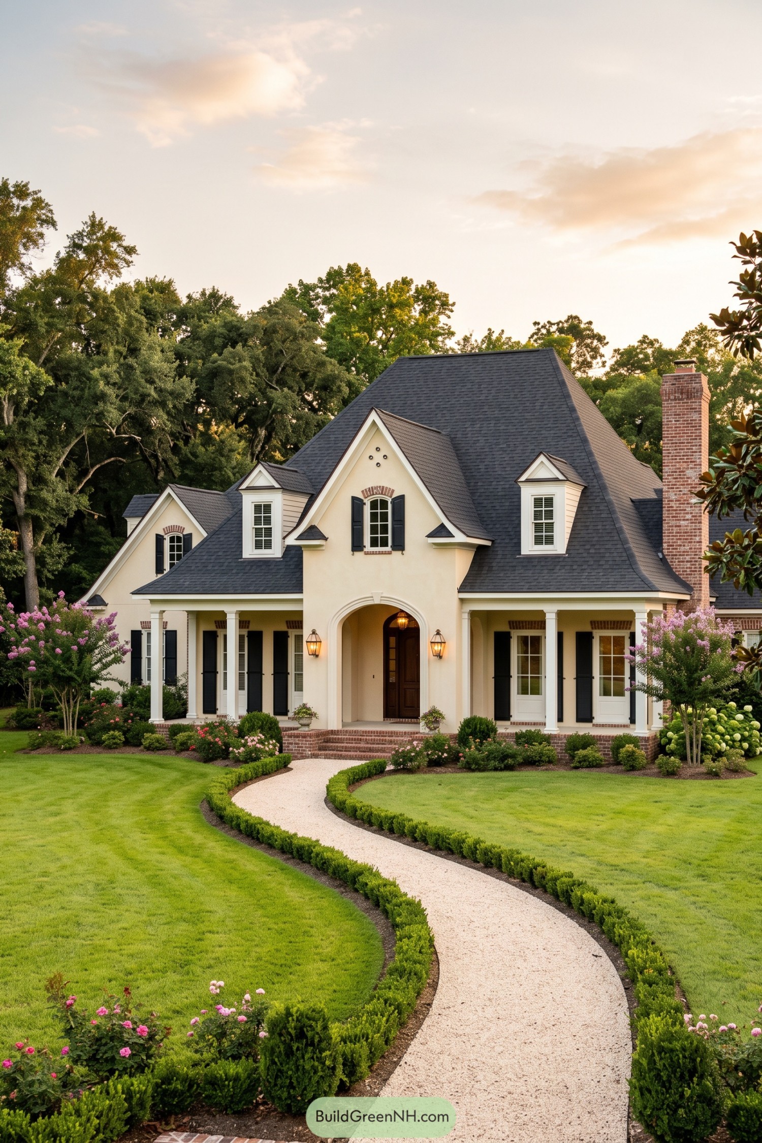 Acadian home with arched entry and winding garden path