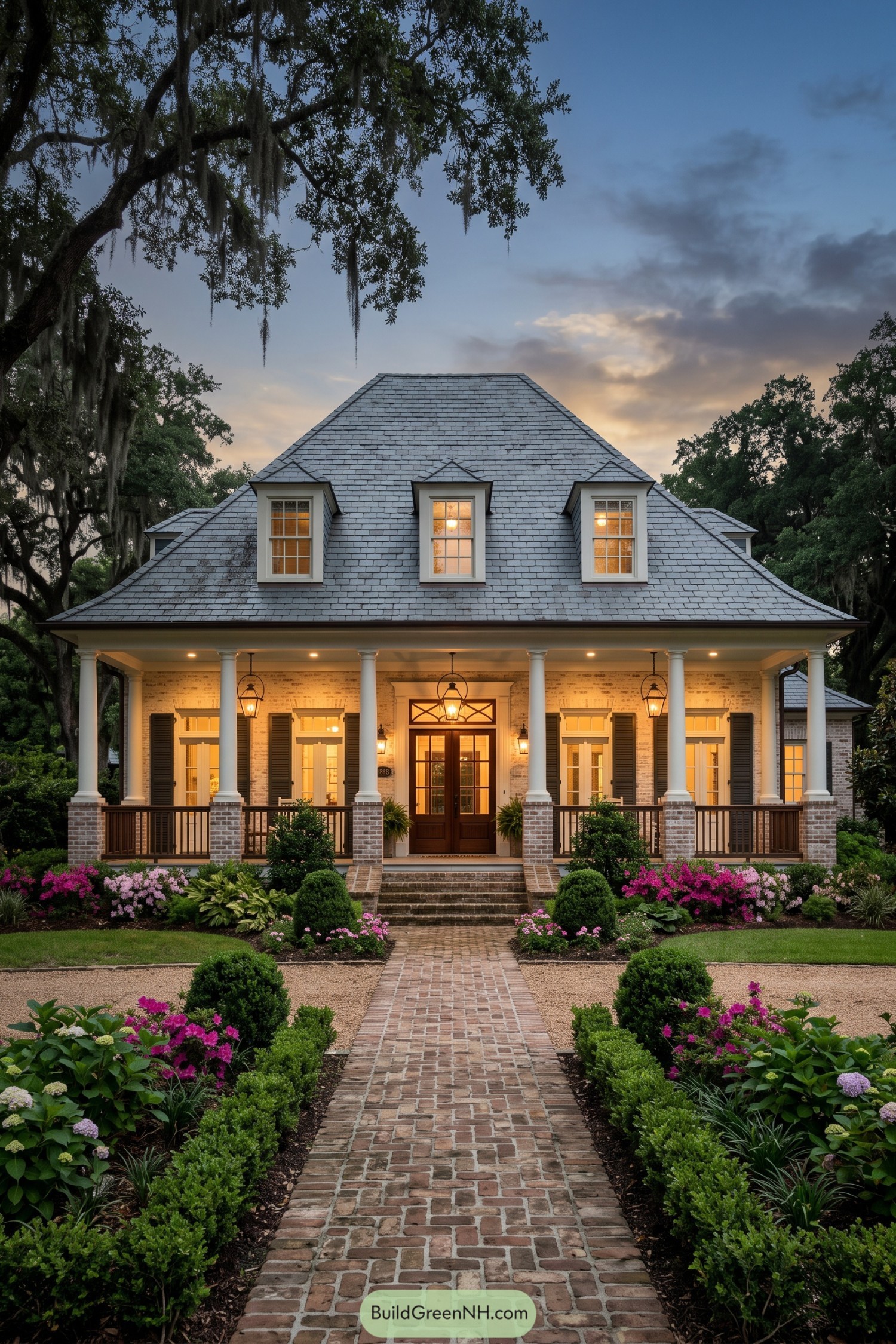 Acadian home with columned porch and brick path