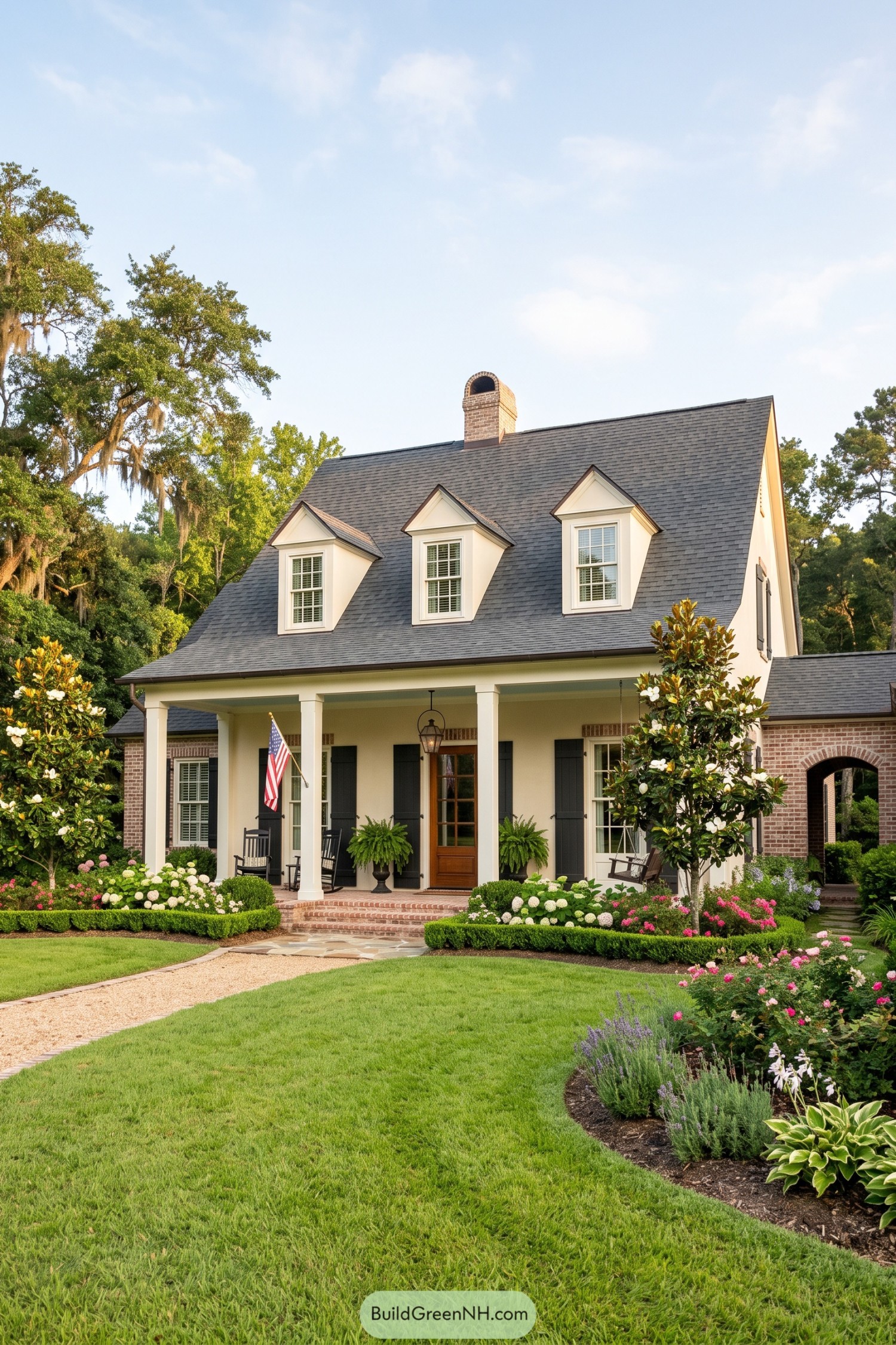 Cream Acadian home with dormers and brick porch