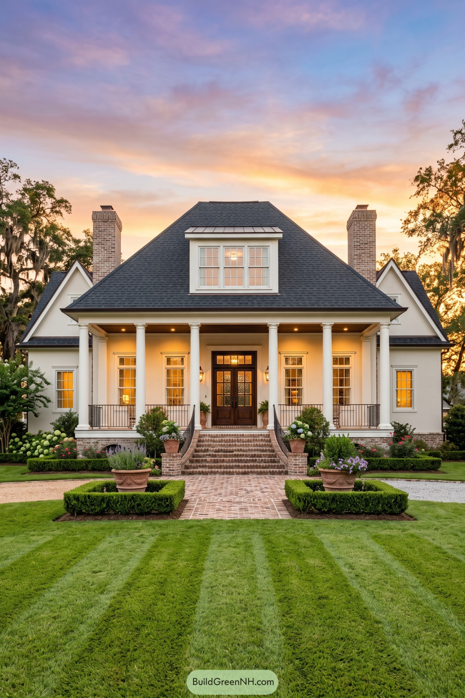 Grand Acadian home with columned porch and brick entry