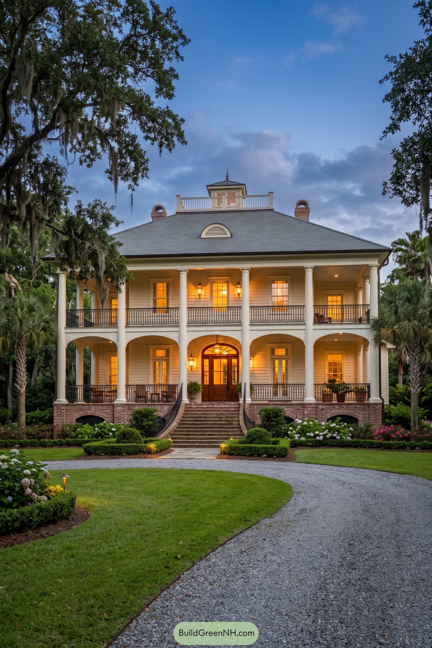 Grand Acadian home with double galleries and columns