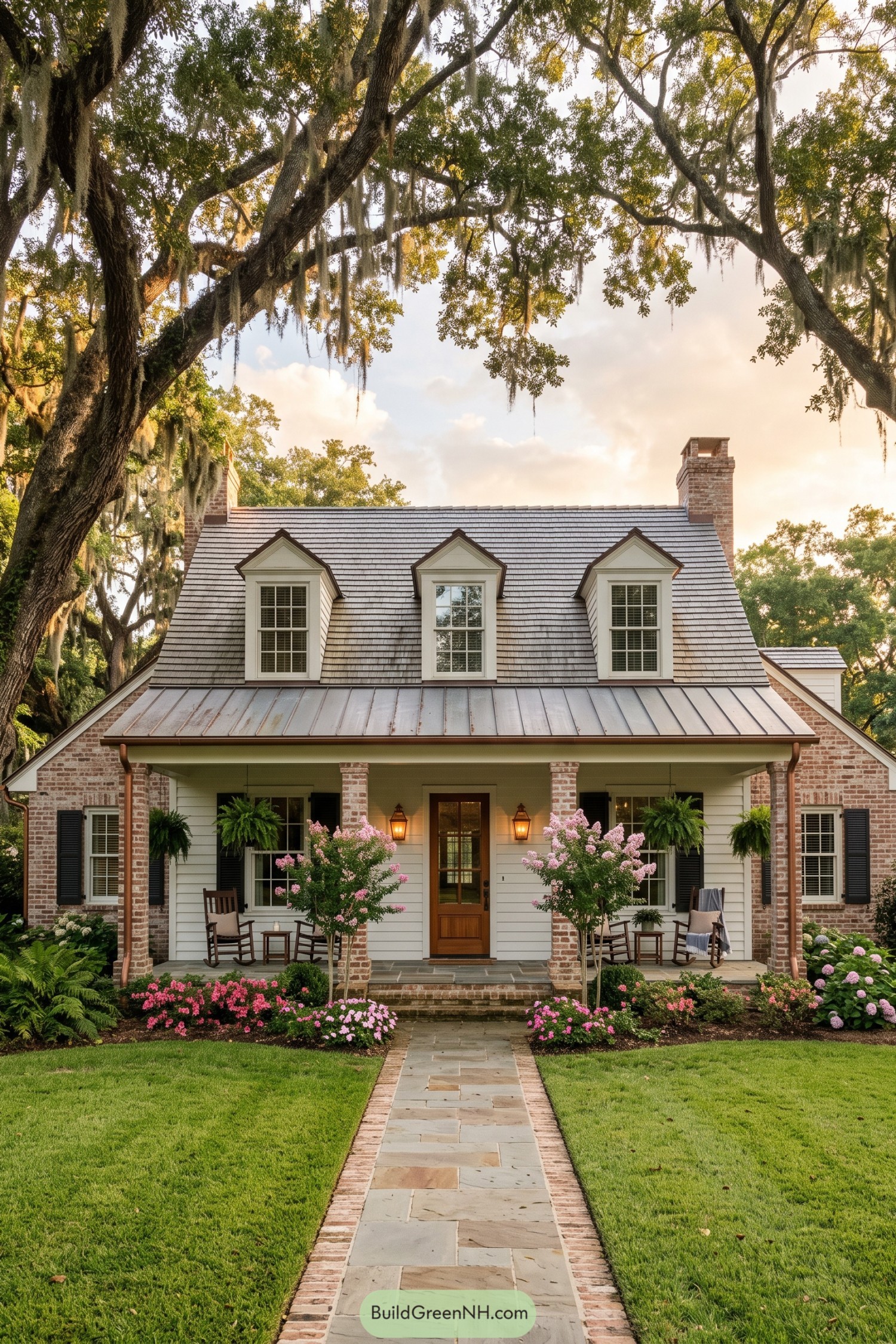 Acadian home with dormers and brick porch