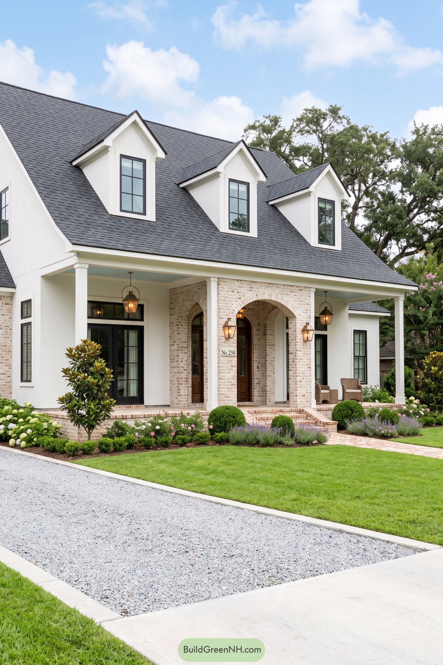 White brick Acadian home with dormers and arched porch