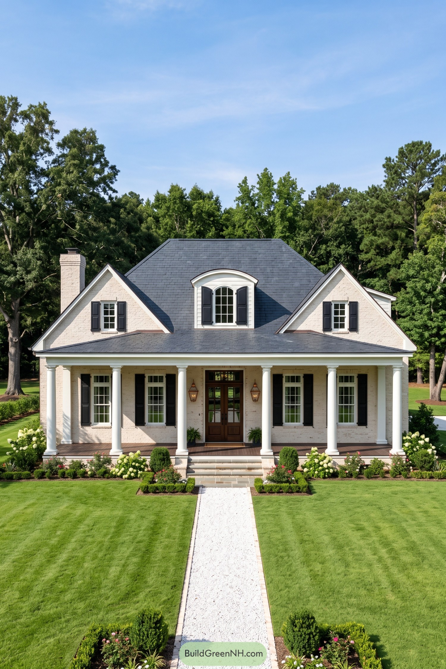 White brick Acadian house with columned porch