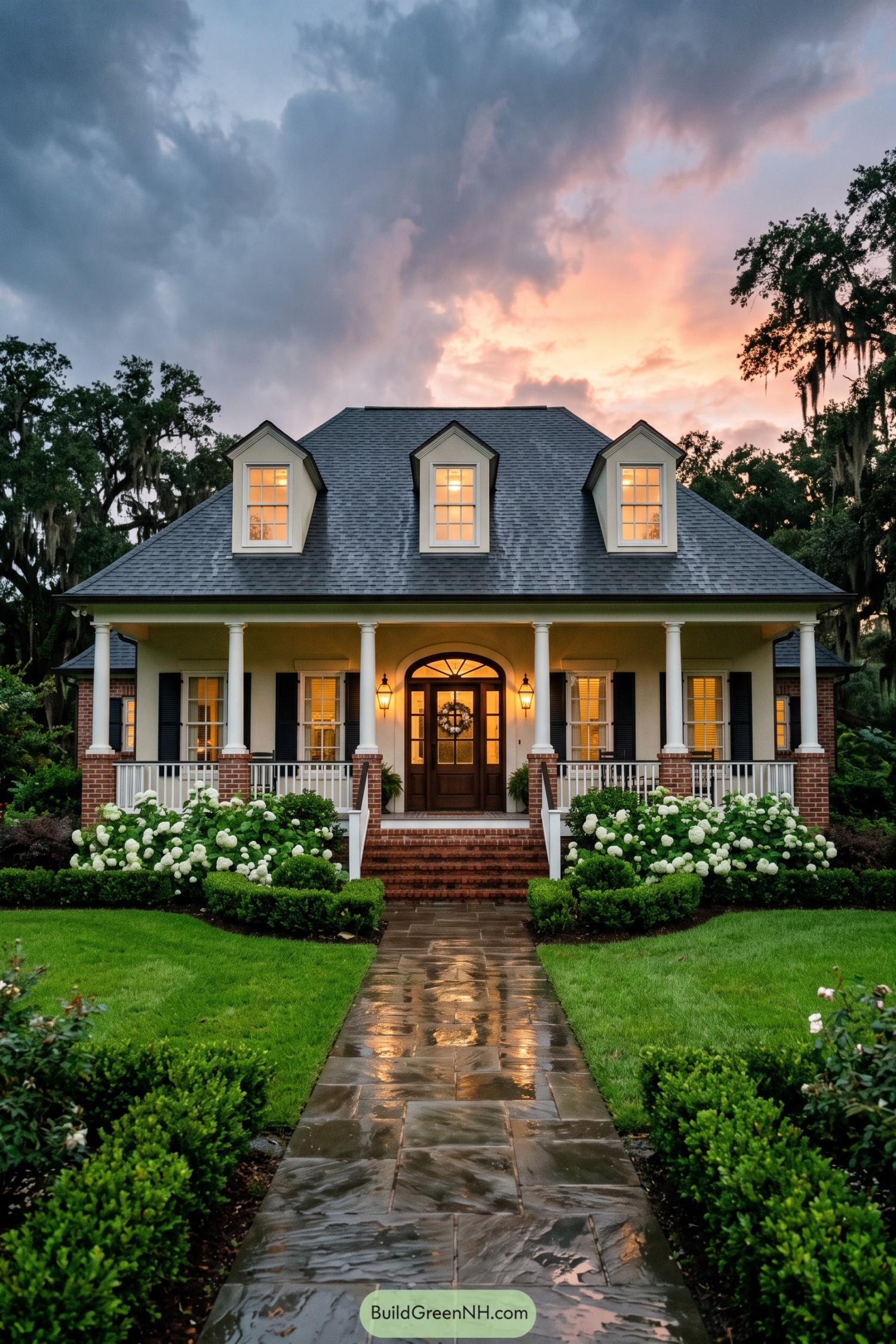Acadian home with white columns and dormer windows