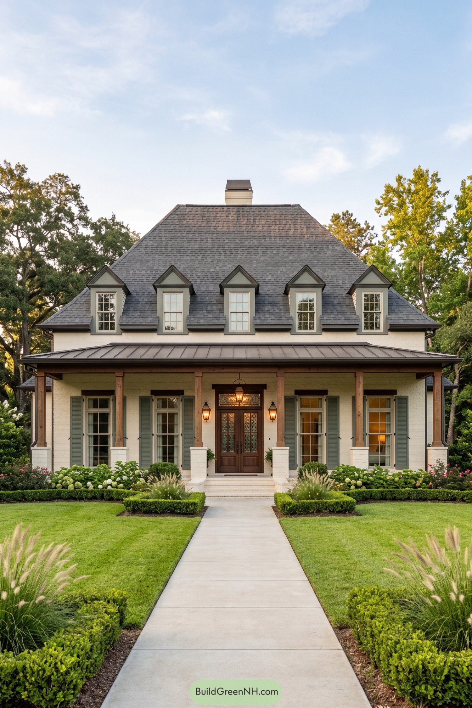 White brick Acadian home with dormers and deep porch