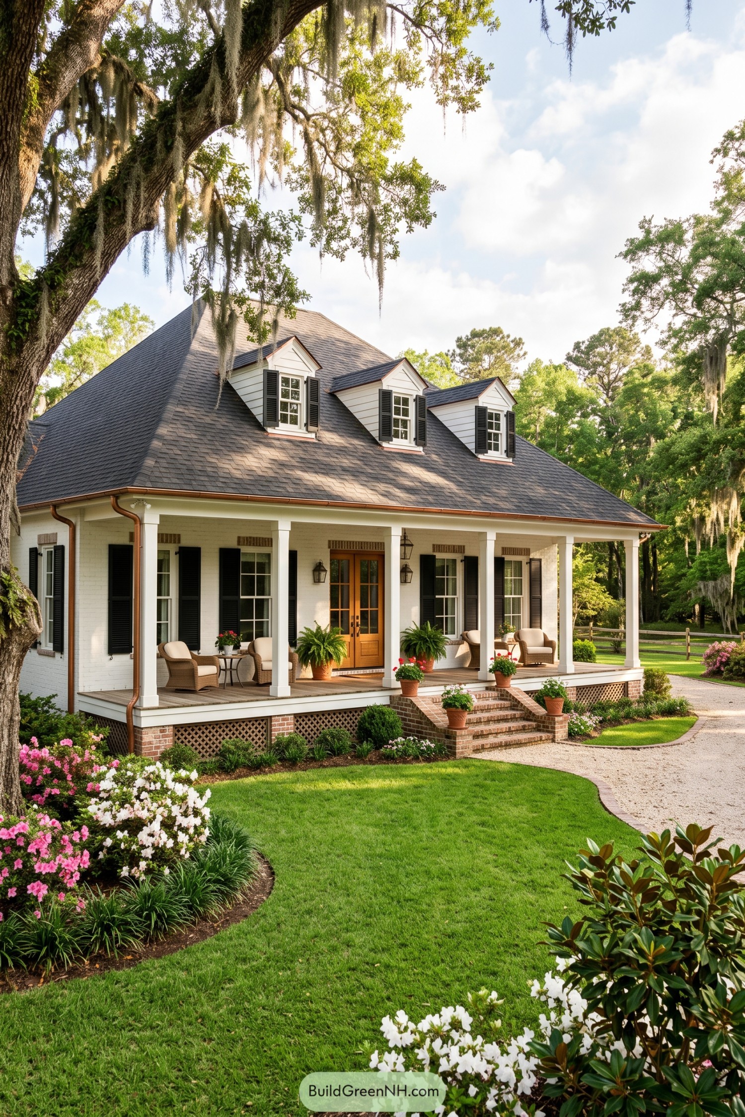 White Acadian home with dormers and wraparound porch
