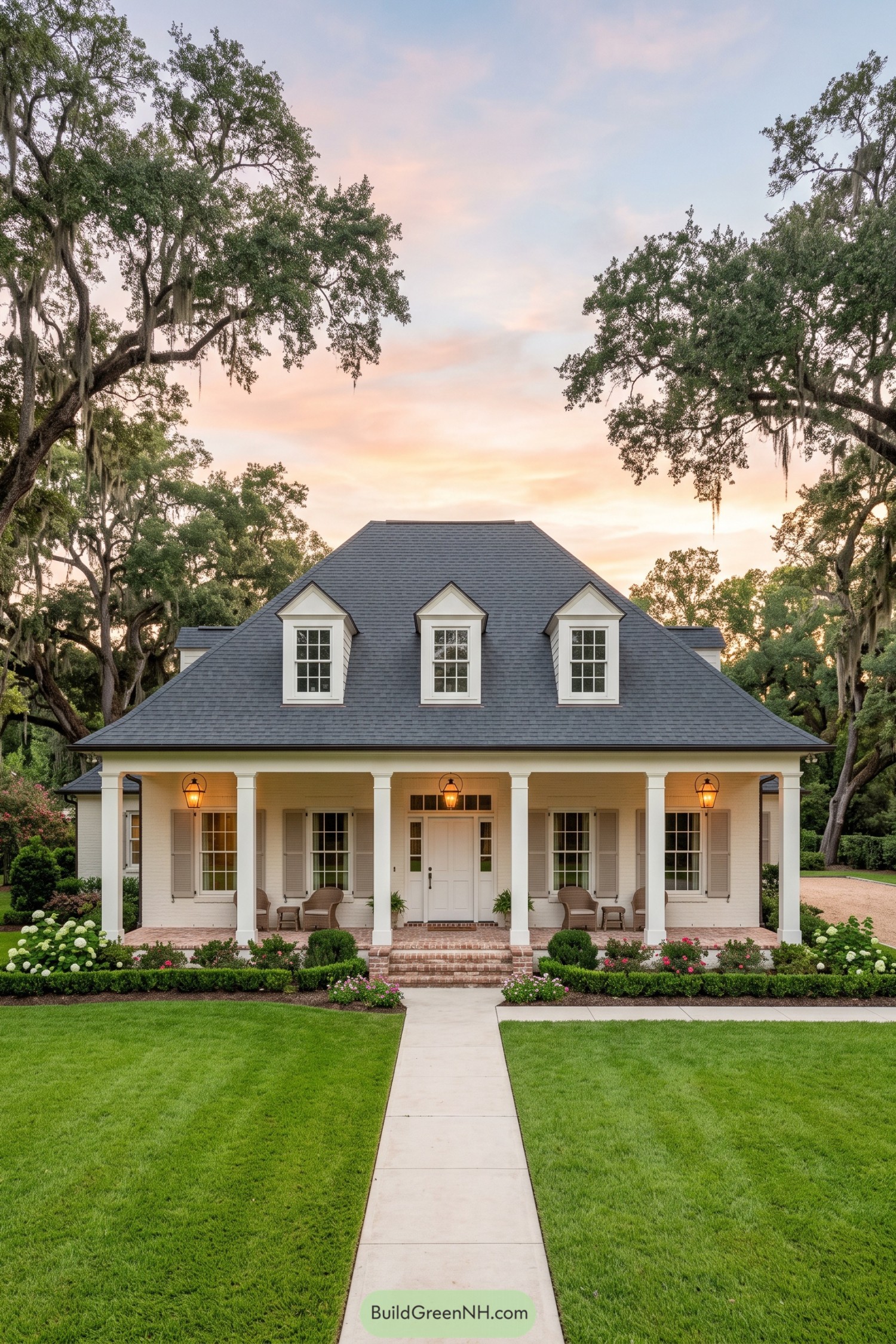 White Acadian home with wide porch and dormers