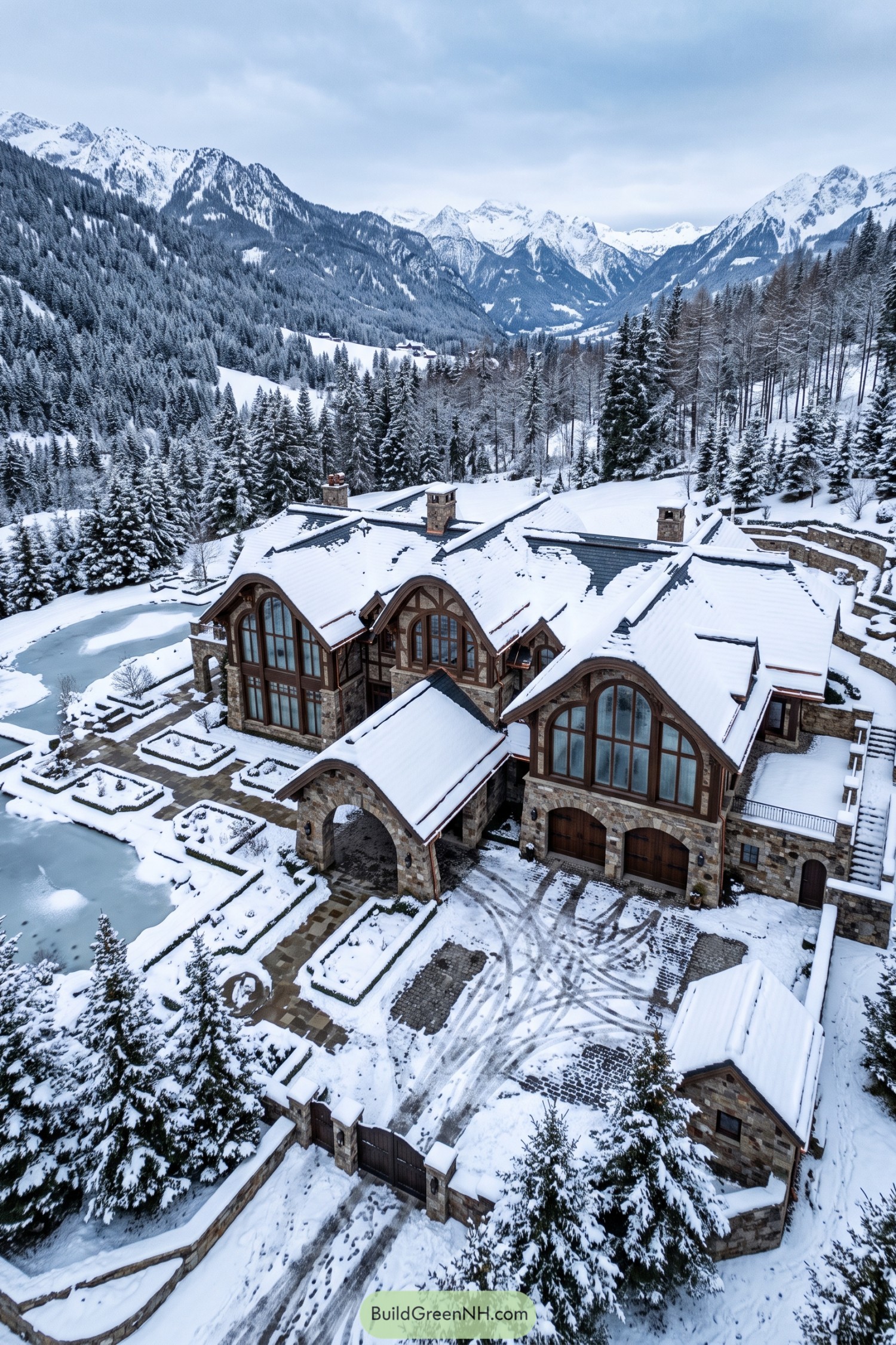 Snow covered stone manor with arched roofs