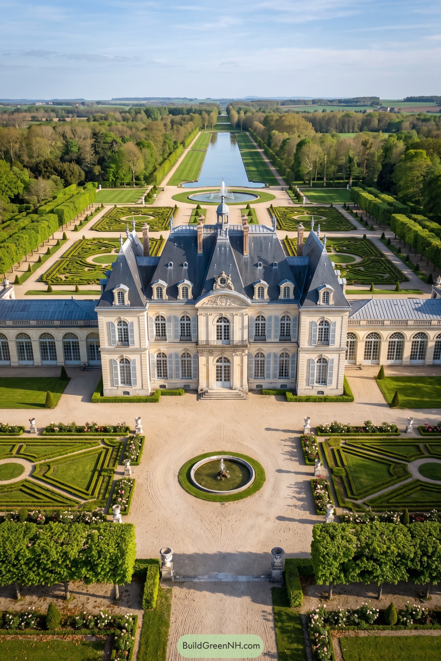 French château with formal gardens and reflecting canal