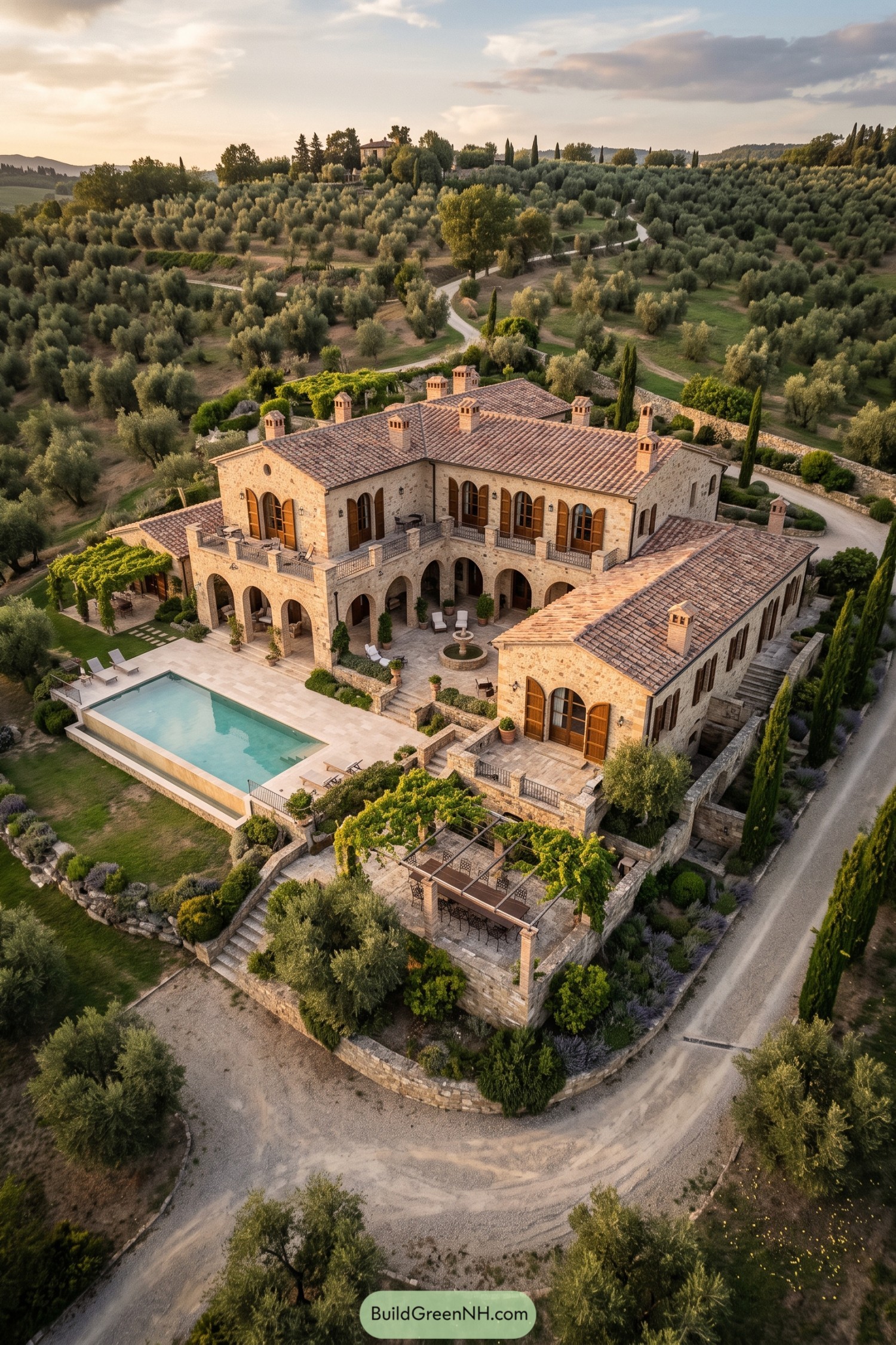 Stone villa with arched loggias beside an olive grove and pool